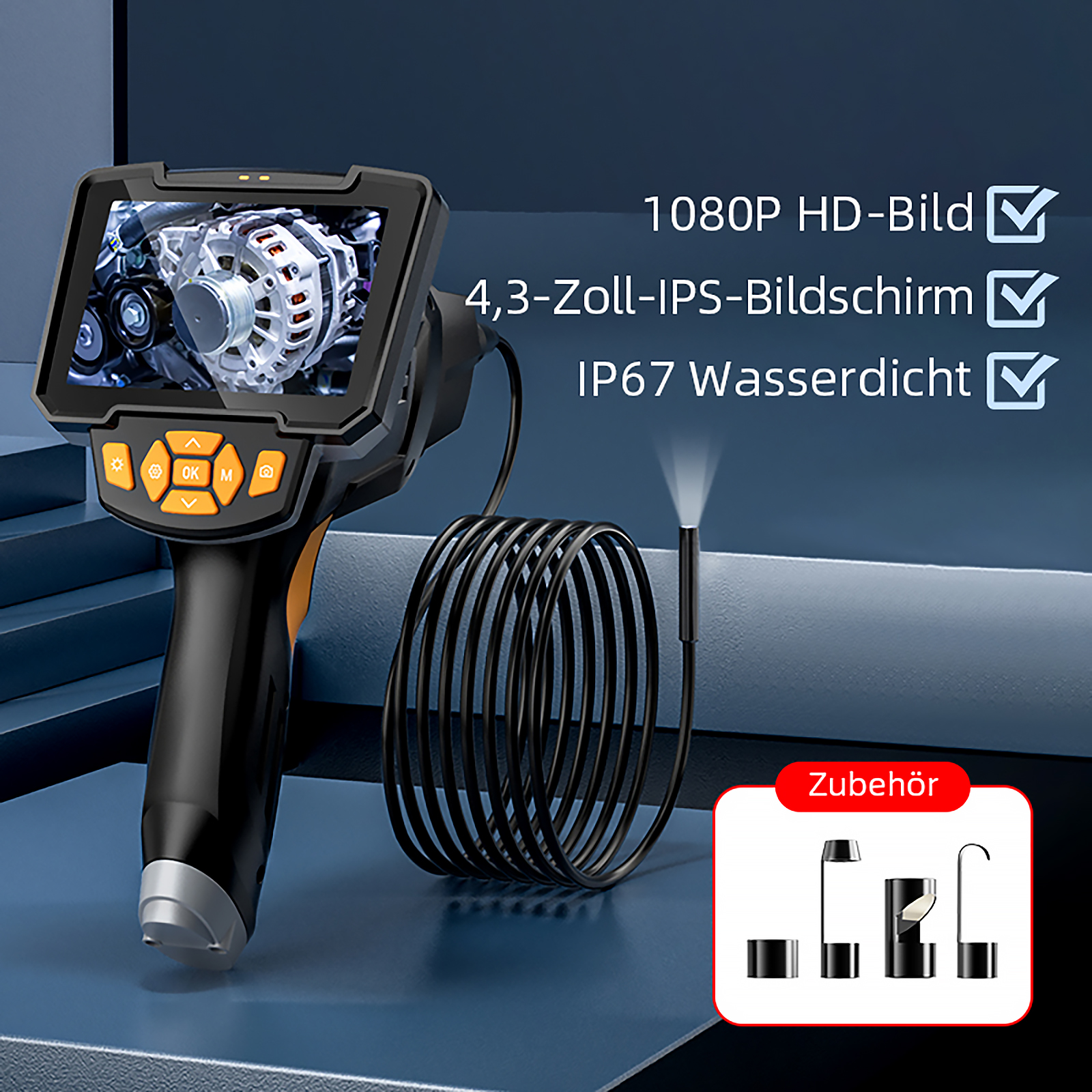 Endoskop mit 4,3-Zoll-Bildschirm, zeigt einen Motor. Mit Zubehör.