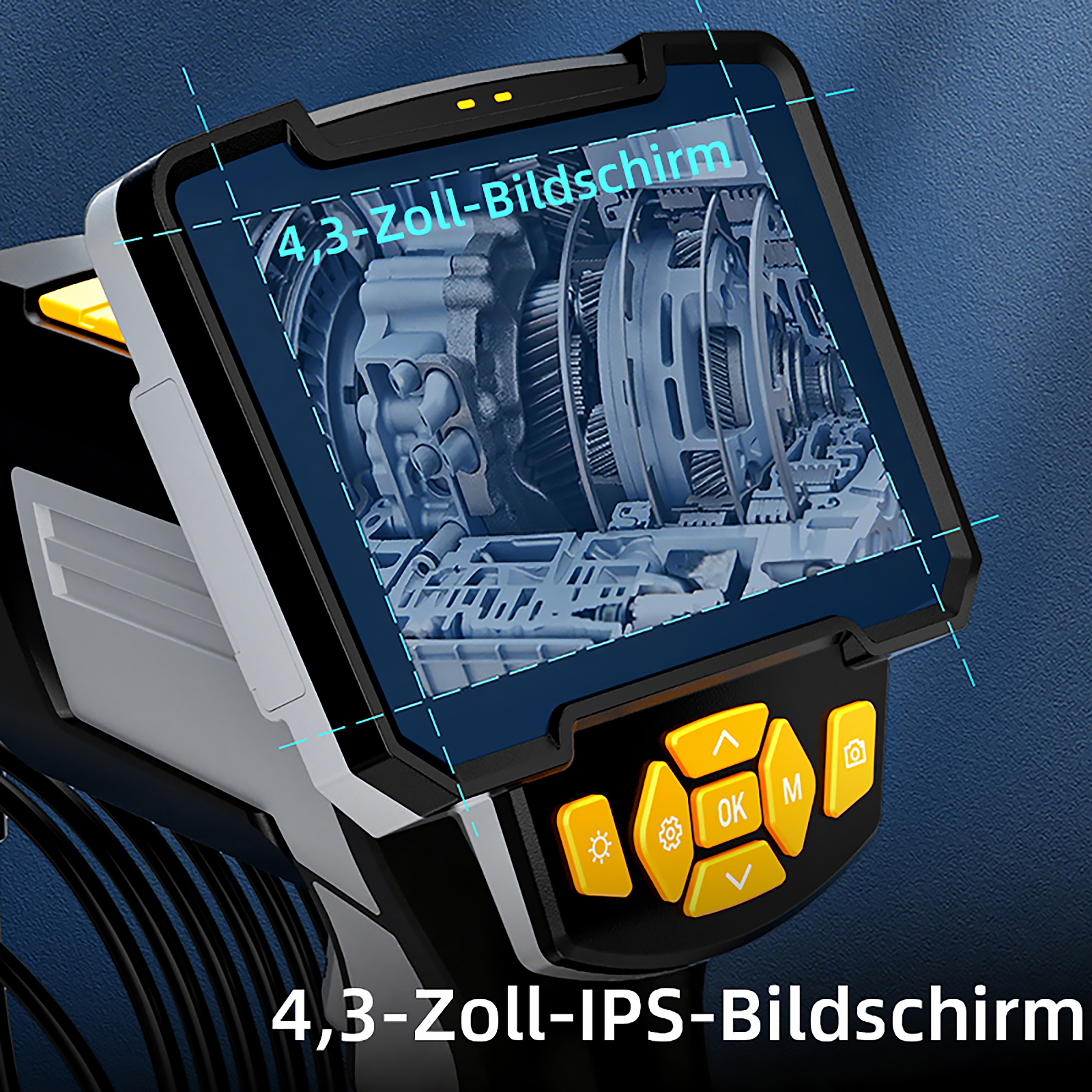 Ein digitales Endoskop mit 4,3-Zoll-IPS-Bildschirm zeigt ein Getriebemodell.