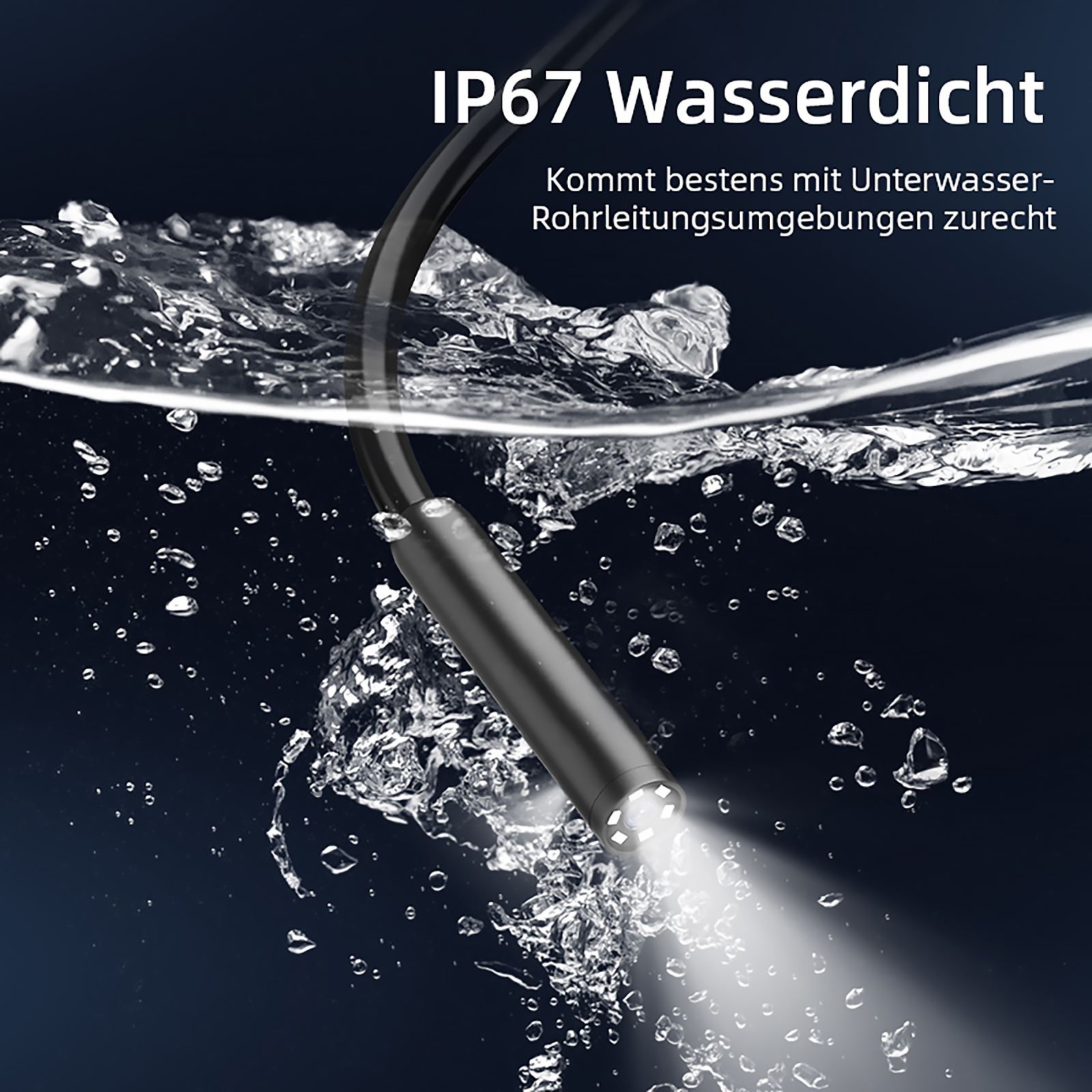 Eine Kamera mit LED-Licht dringt in sprudelndes Wasser ein.