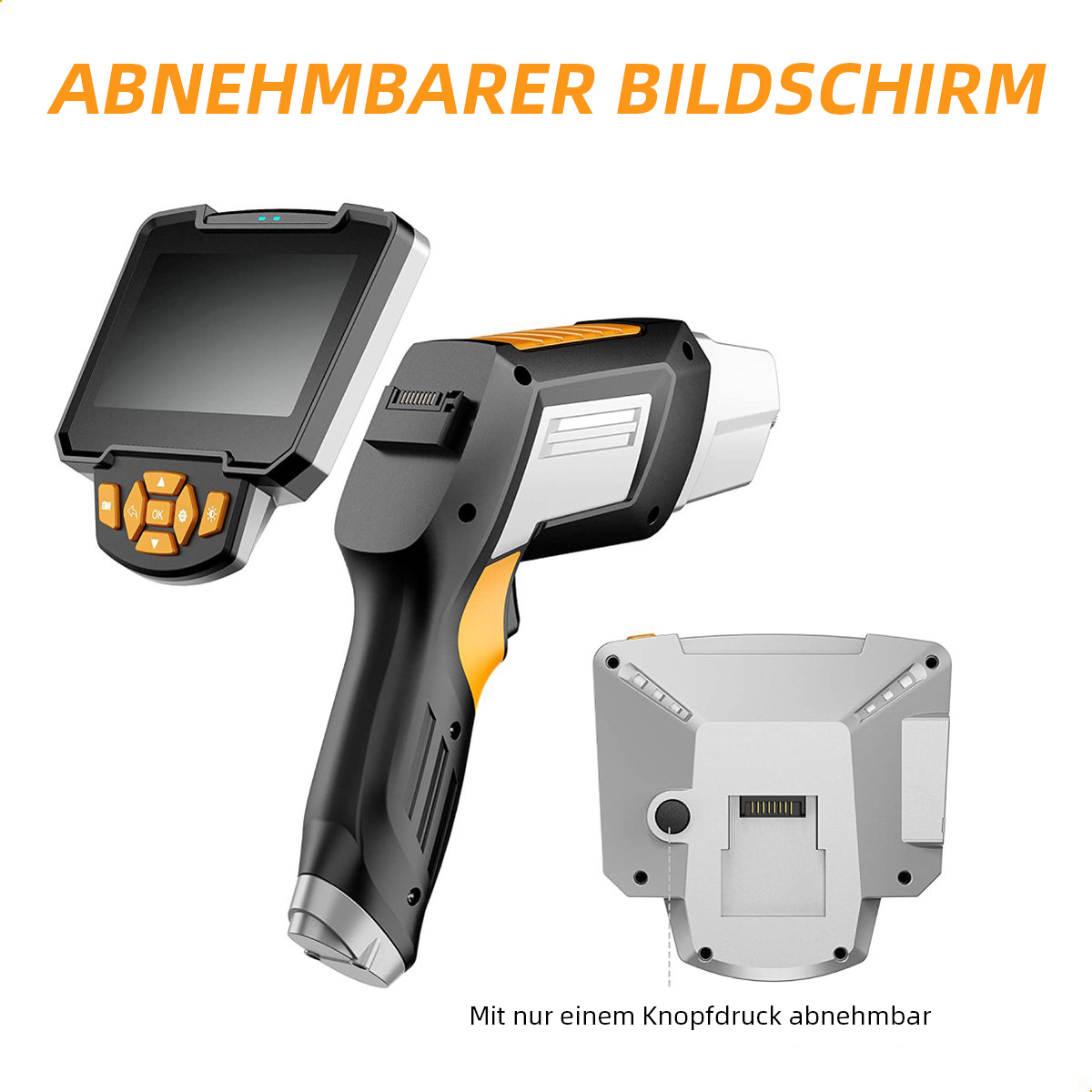 Abnehmbares Bildschirmgerät mit orangen Knöpfen und weiß/grauer Rückseite.