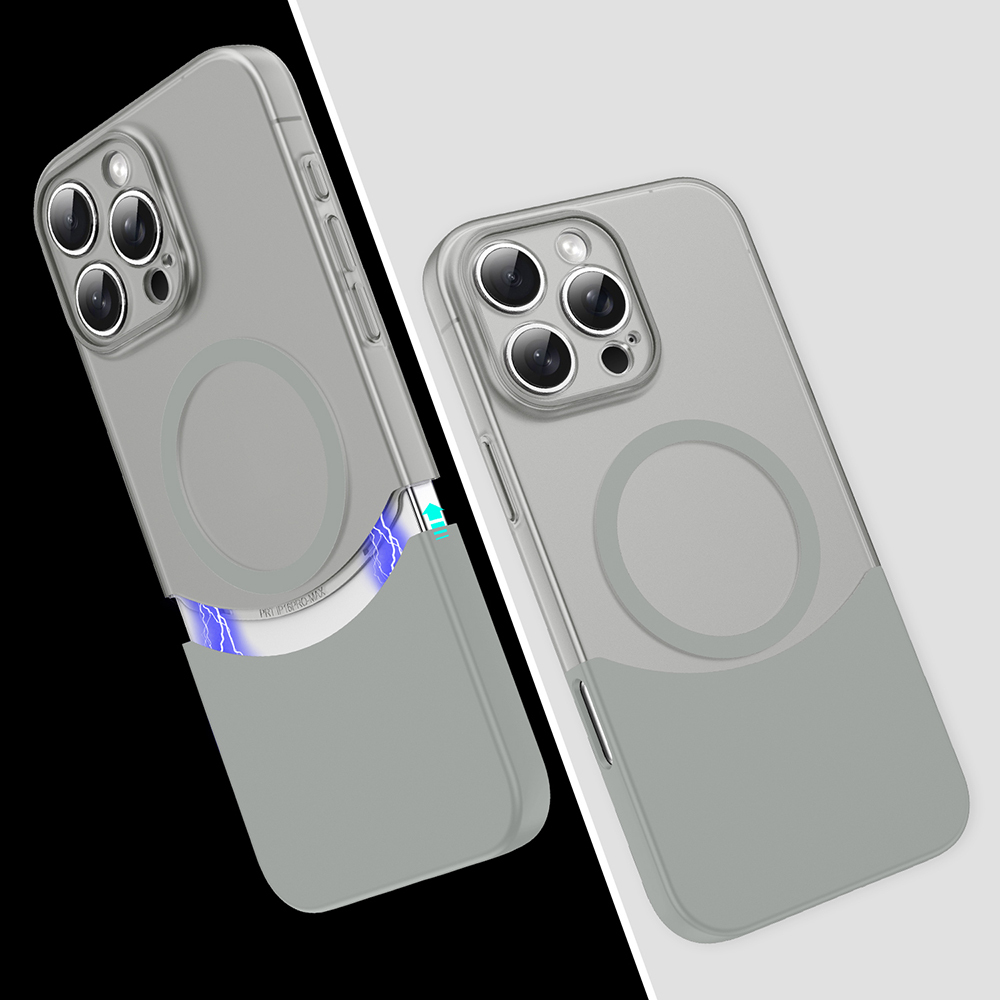 MagSafe halkalı iki gri telefon kılıfı. Biri mavi şimşek gösteriyor.