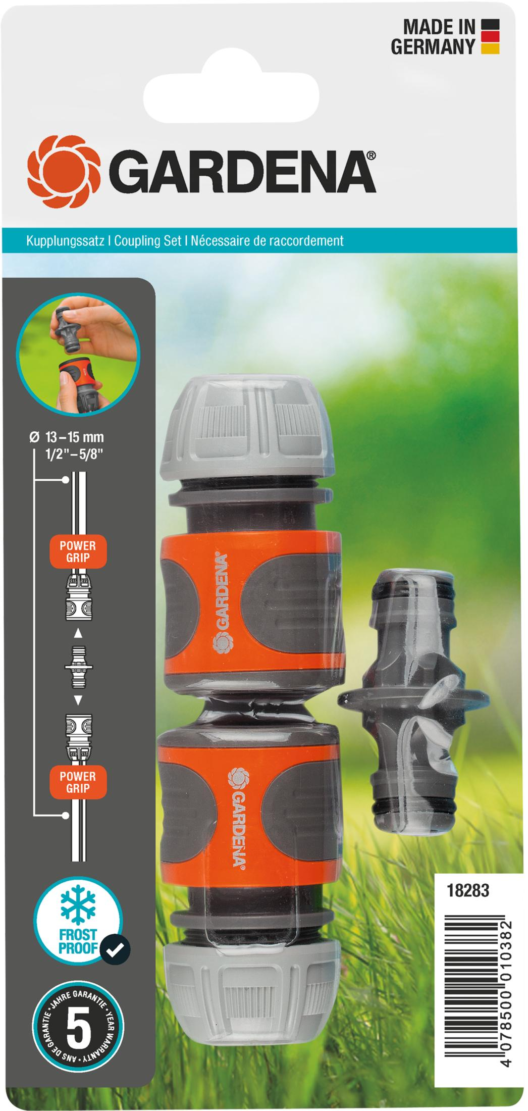 Set di accoppiamento Gardena con Power Grip per tubi da 13-15 mm, antigelo.