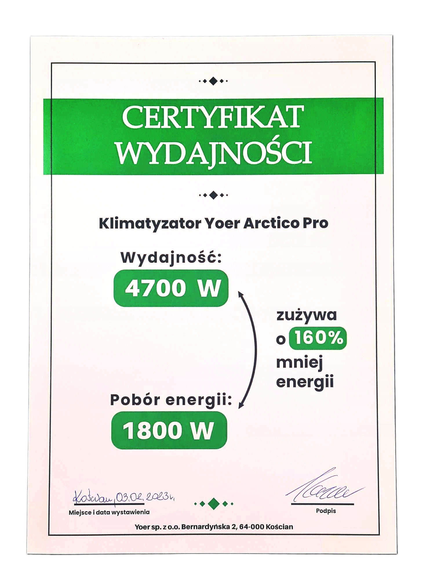 Certyfikat wydajności klimatyzatora Yoer Arctico Pro, 4700 W.