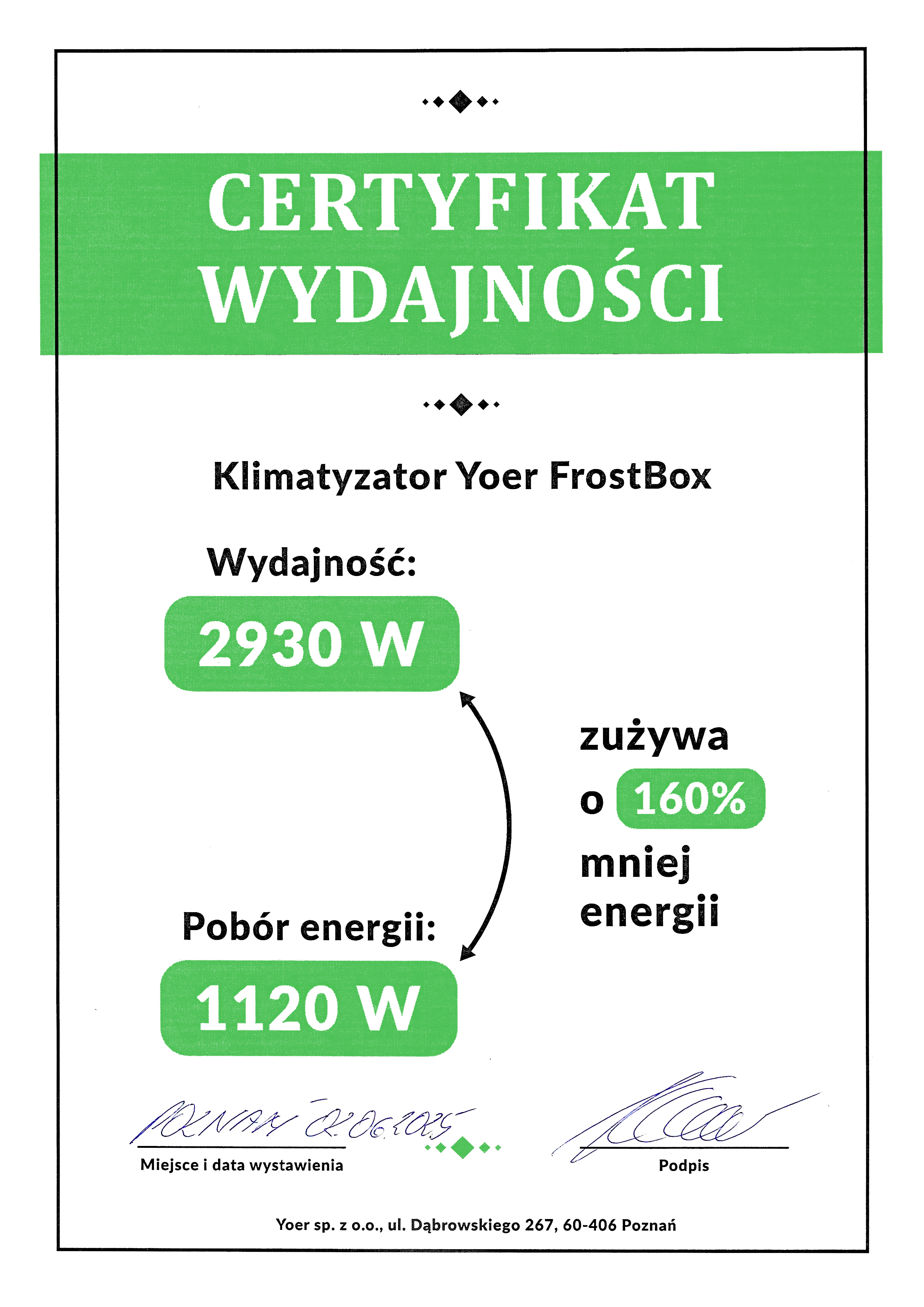 Certyfikat klimatyzatora Yoer FrostBox. Wydajność: 2930W. Pobór energii: 1120W.