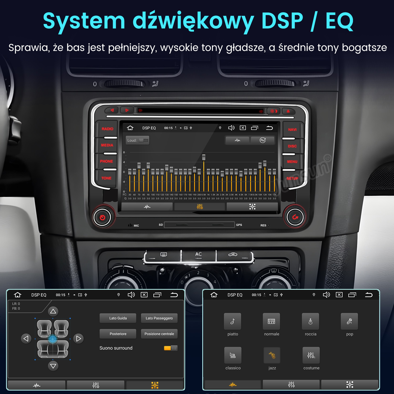 Samochodowy system multimedialny z ustawieniami DSP/EQ i wykresem korektora.