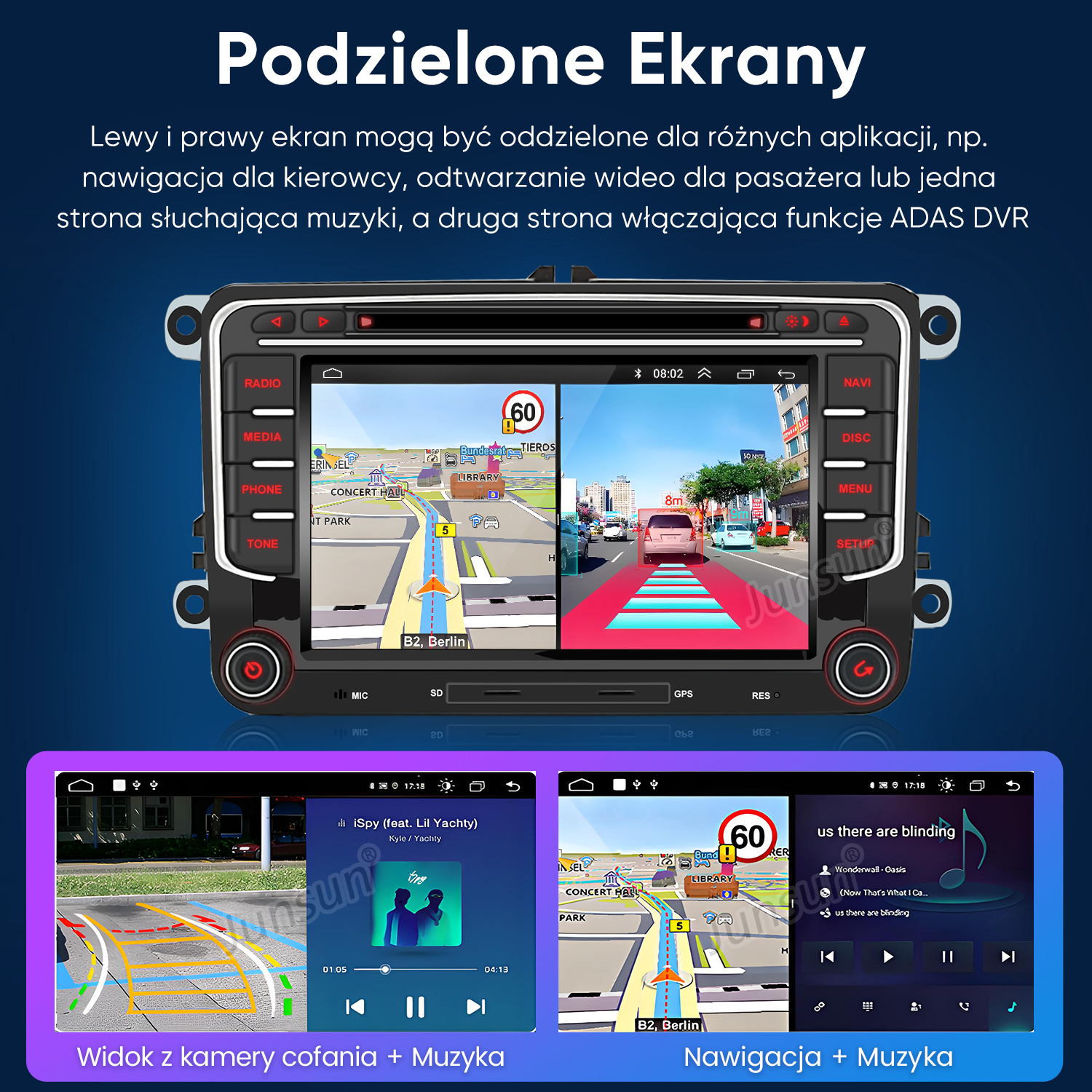 Radio samochodowe z podzielonym ekranem wyświetlające nawigację i odtwarzacz muzyki.