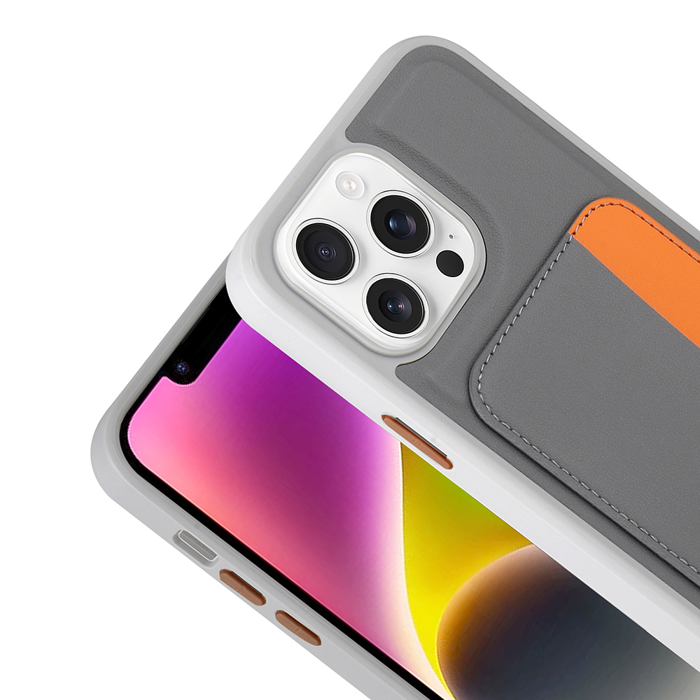 Turuncu arka cepli gri telefon kılıfı ve kamera modülü.