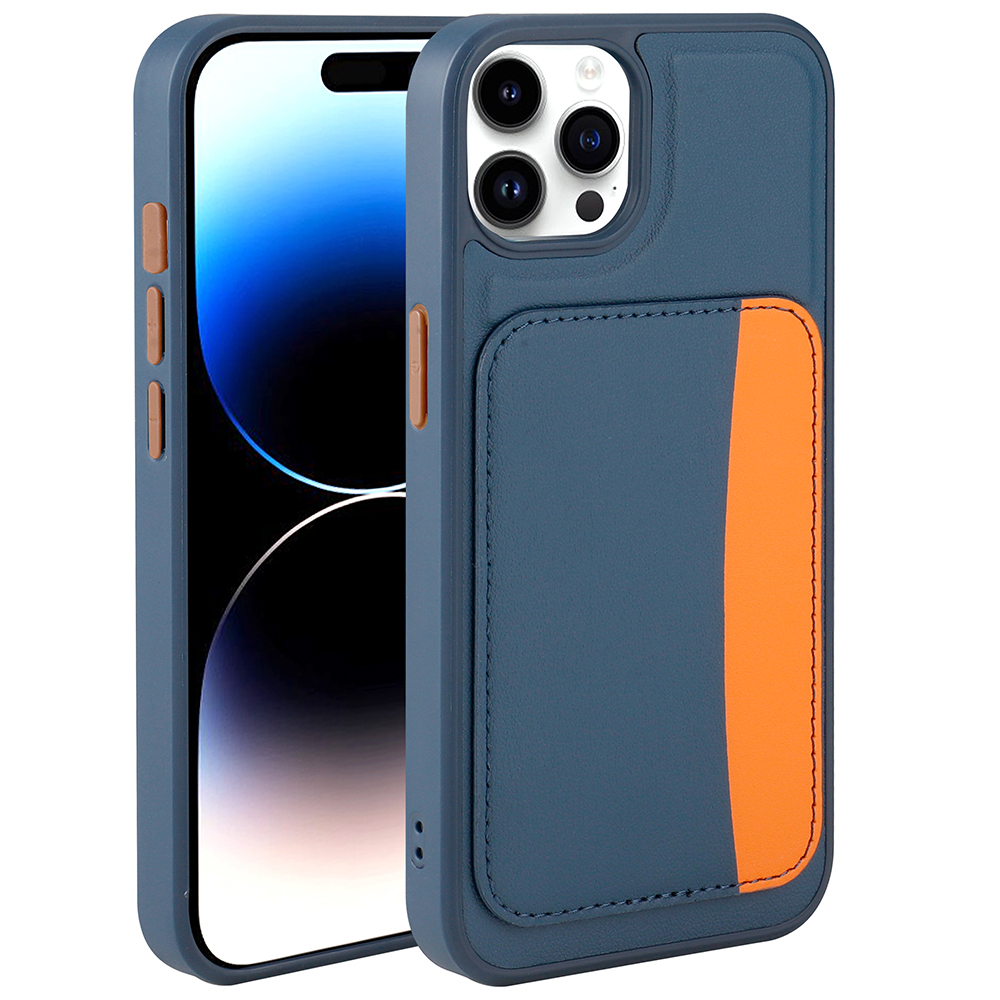 Turuncu cepli mavi telefon kılıfı ve telefon.