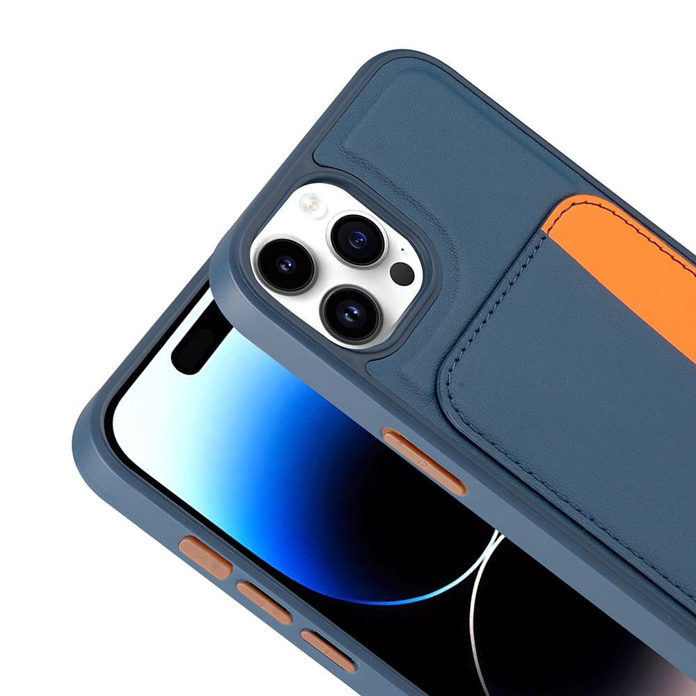 Turuncu detaylı mavi telefon kılıfı, beyaz zeminde üç kamera.
