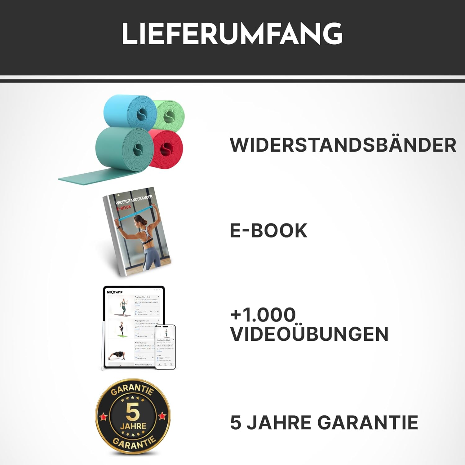 Lieferumfang: Widerstandsbänder, E-Book, über 1000 Videoübungen, 5 Jahre Garantie.