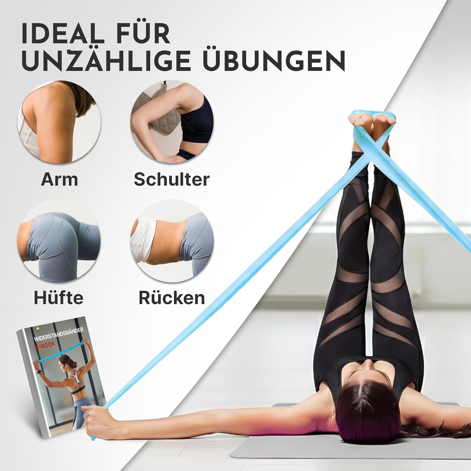 Frau macht Übungen mit einem blauen Widerstandsband, vier Bilder zeigen Arm-, Schulter-, Hüft- und Rückentraining.