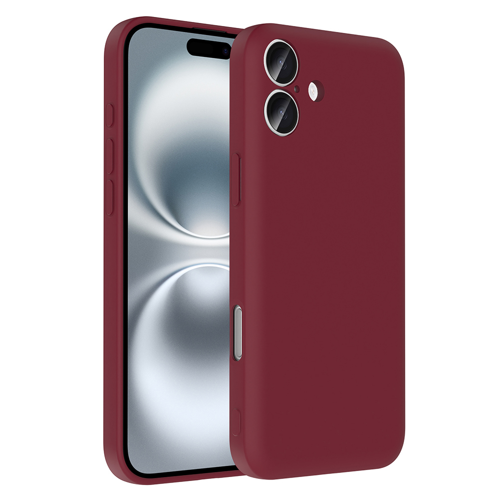 Bordo renkli bir telefon kılıfıyla birlikte beyaz bir zeminde duruyor.