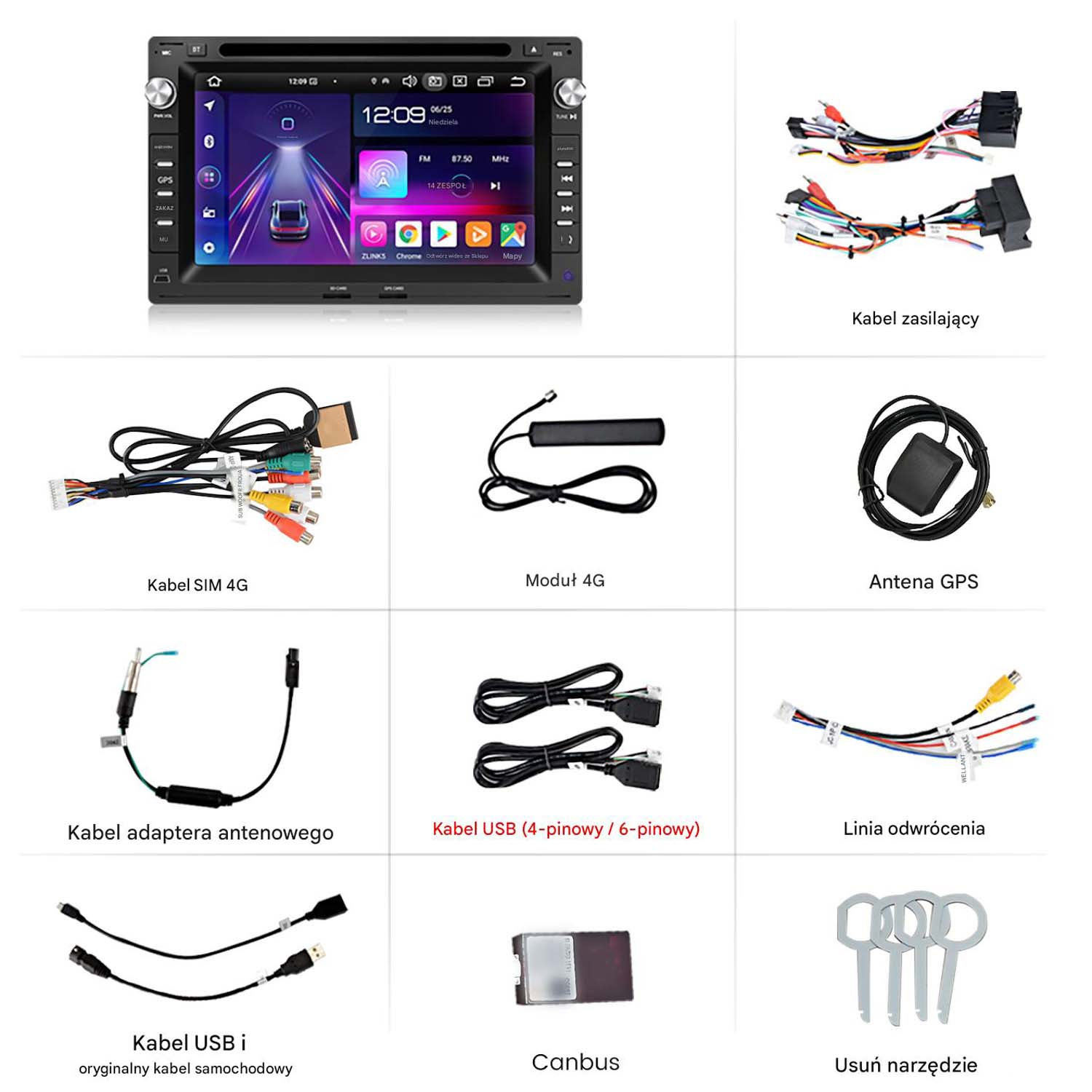 System multimedialny samochodu z kablami i akcesoriami: zasilanie, GPS, SIM, 4G, USB, kamera cofania, narzędzia.