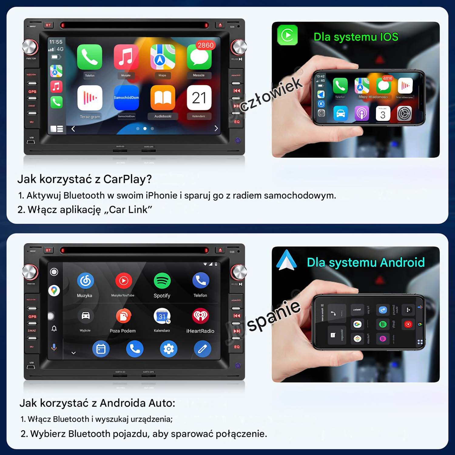 Ekran radia samochodowego z interfejsami CarPlay i Android Auto, obok smartfonów.