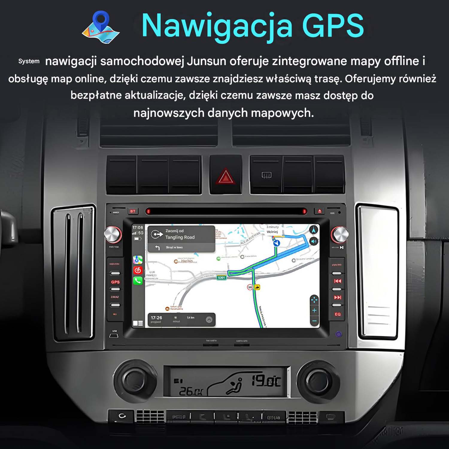 System nawigacji GPS w samochodzie, pokazujący mapę z trasą i informacjami o ruchu.