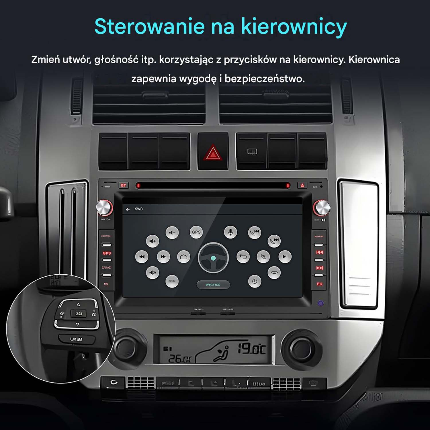 Deska rozdzielcza samochodu z radiem dotykowym i sterowaniem z kierownicy.
