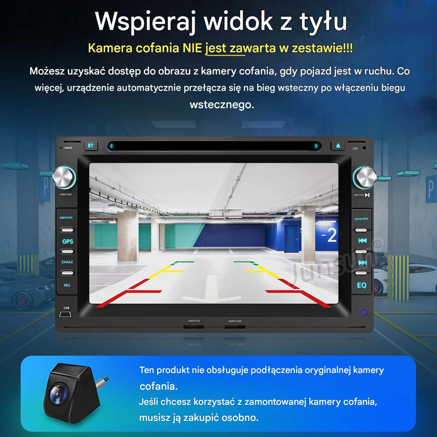 Radio samochodowe wyświetla obraz z kamery cofania parkingu.