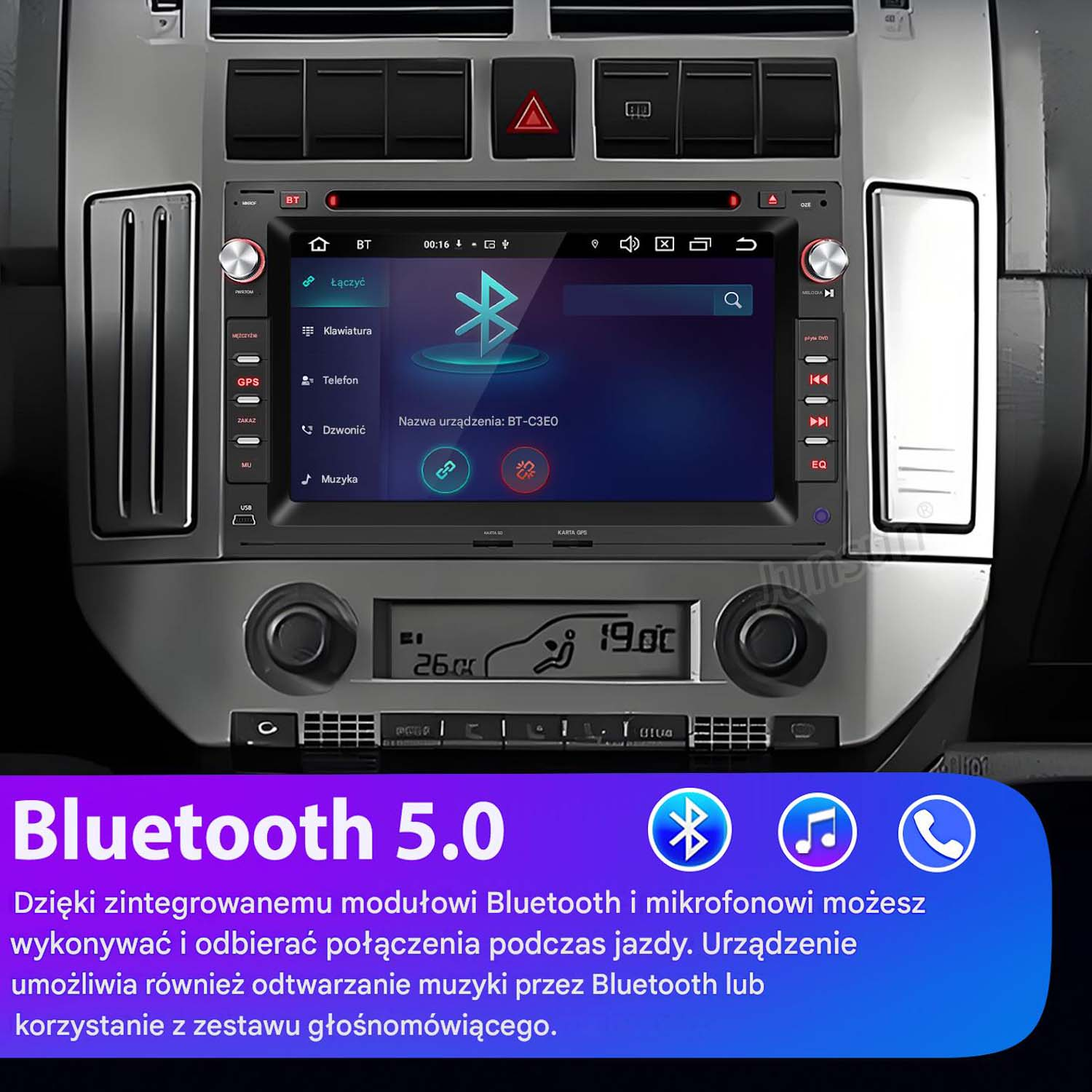 Ekran radia samochodowego z opcjami Bluetooth, ikonami telefonu i muzyki.