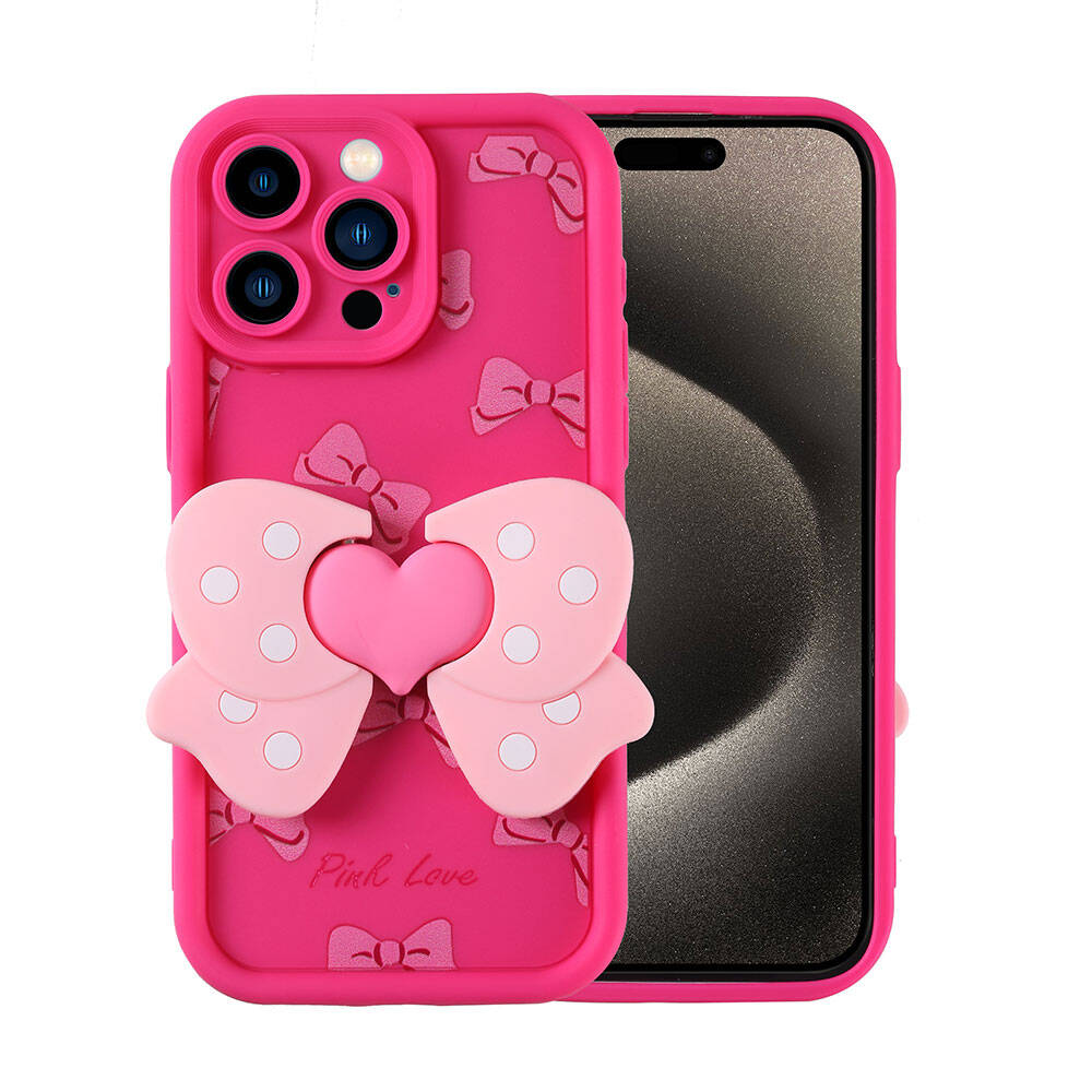 Kalp şeklinde 3D fiyonk ve fiyonk desenli pembe telefon kılıfı.