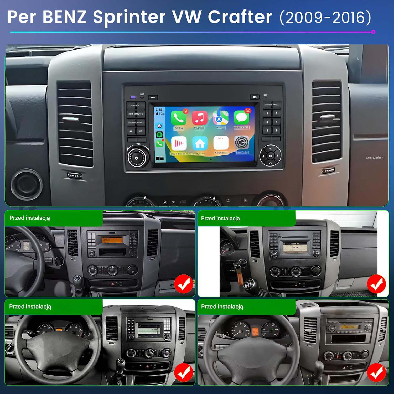 Deska rozdzielcza samochodu z radiem dotykowym do Mercedes Sprinter/VW Crafter 2009-2016.
