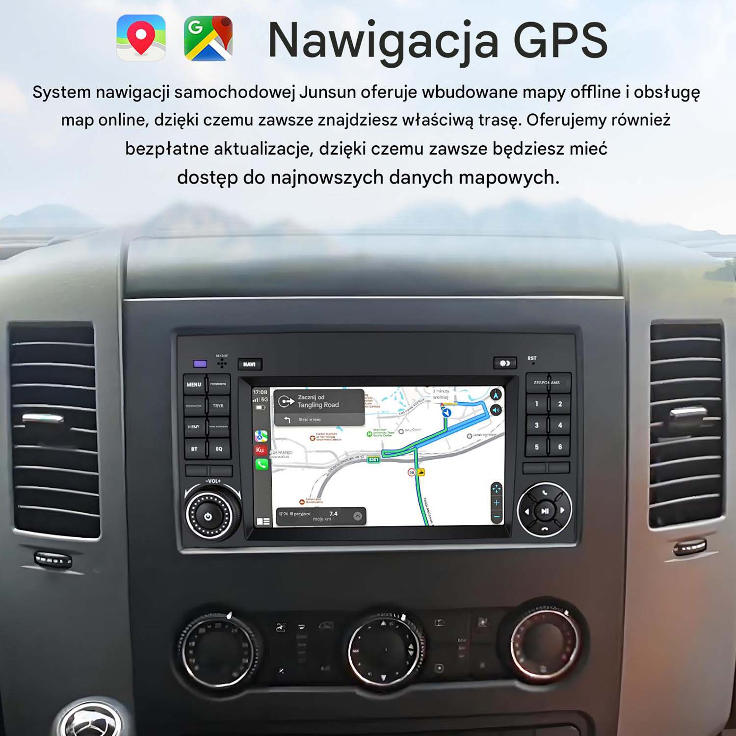 Samochodowy system nawigacji GPS wyświetlający mapę z trasą.