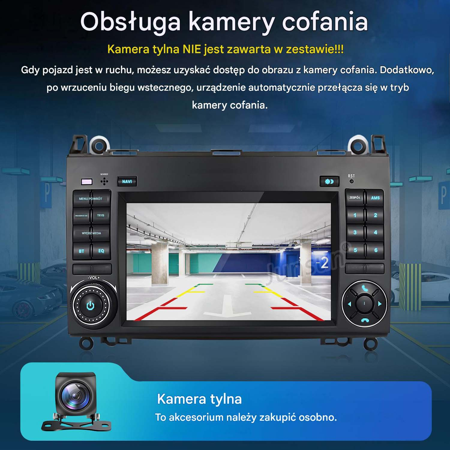 Radio samochodowe pokazujące widok parkingu z kamery cofania.