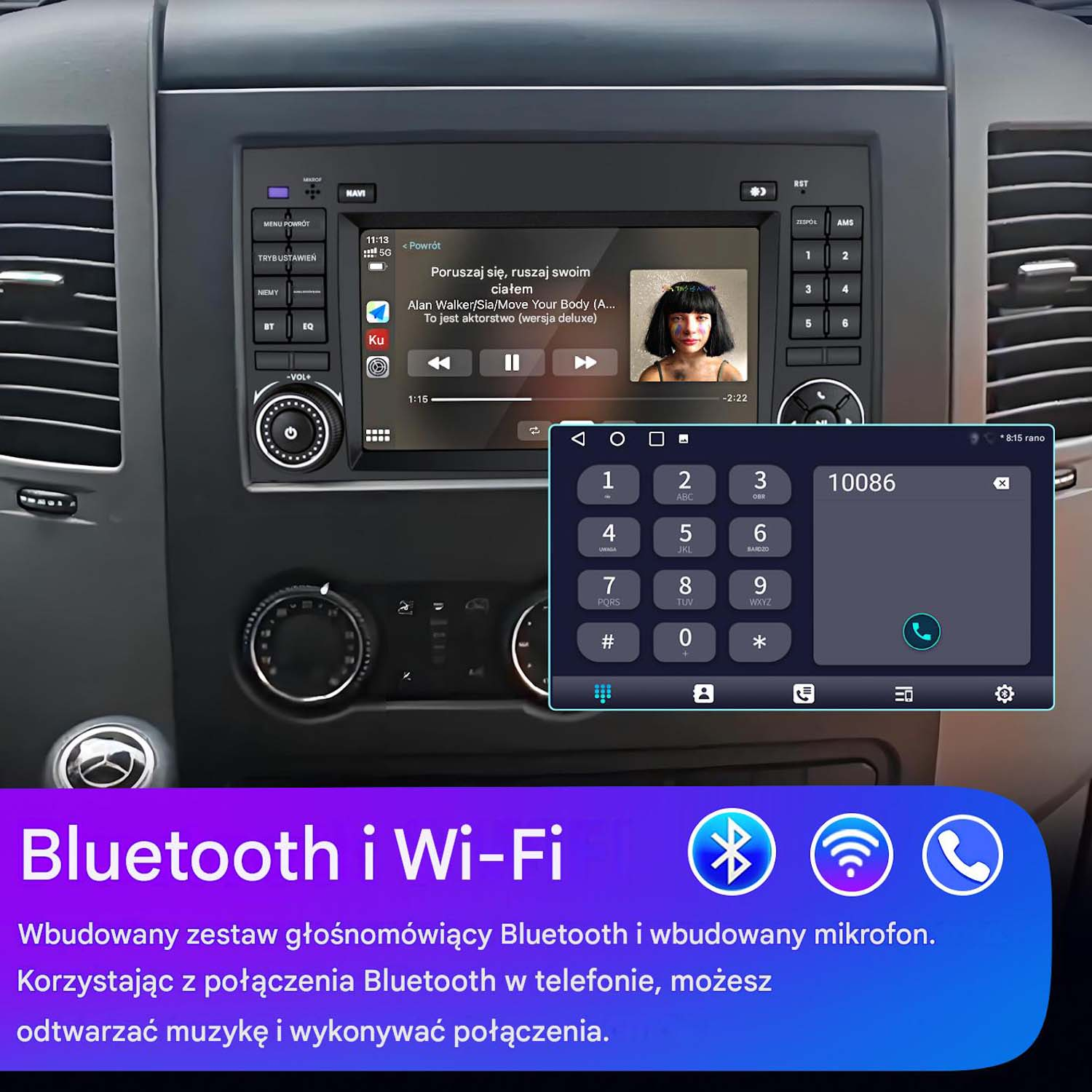 Radio samochodowe z ekranem odtwarzacza muzyki i wybierania numerów. Poniżej "Bluetooth i Wi-Fi".