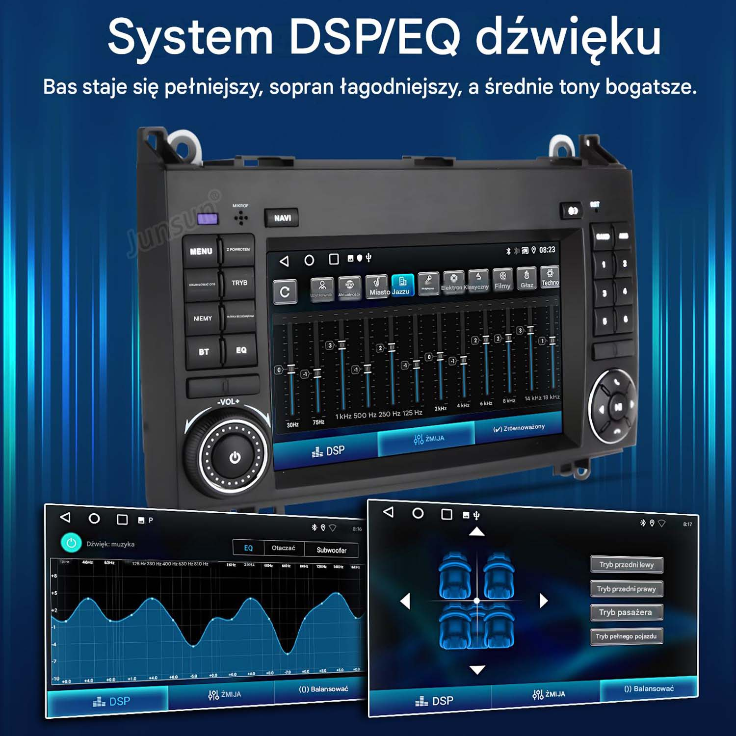 Samochodowy system infotainment pokazujący ustawienia DSP/EQ, wykresy korektora i tryby dźwięku.