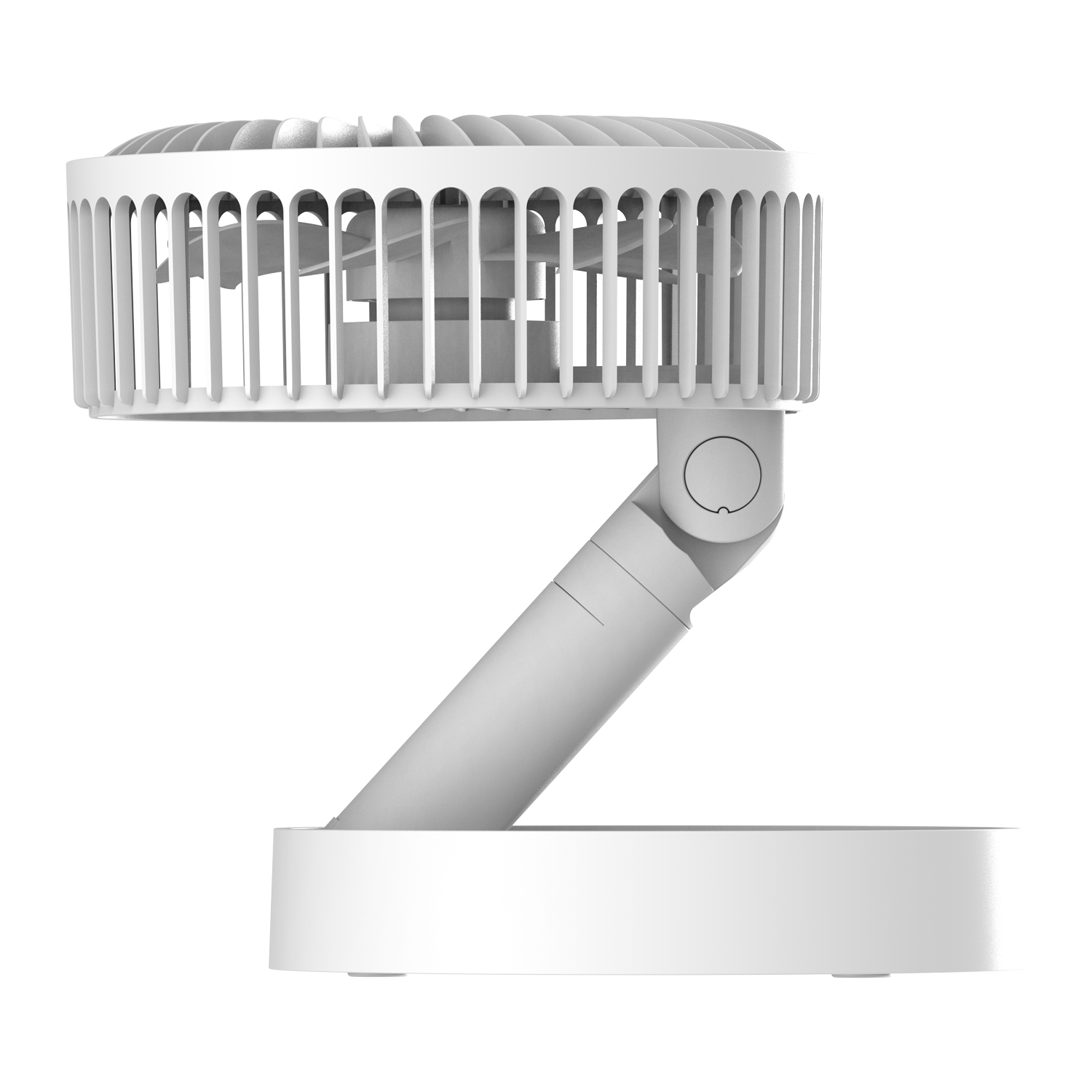 Un ventilador portátil blanco con brazo ajustable y base redonda.