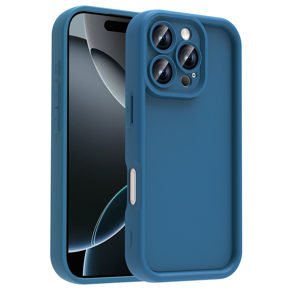 Üçlü kamera lens sistemine sahip mavi telefon kılıfı.