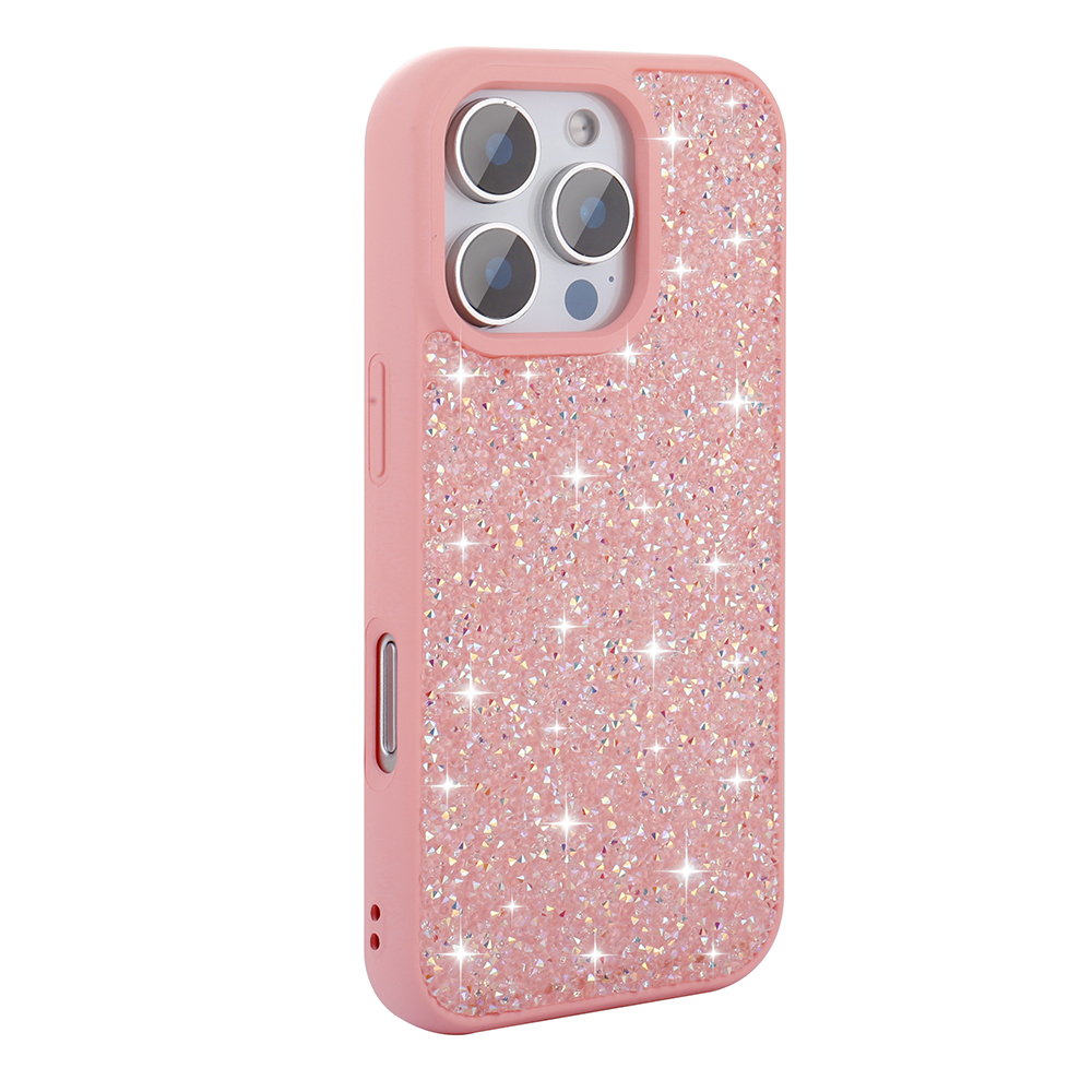 Üç kamera lensli, simli pembe telefon kılıfı.