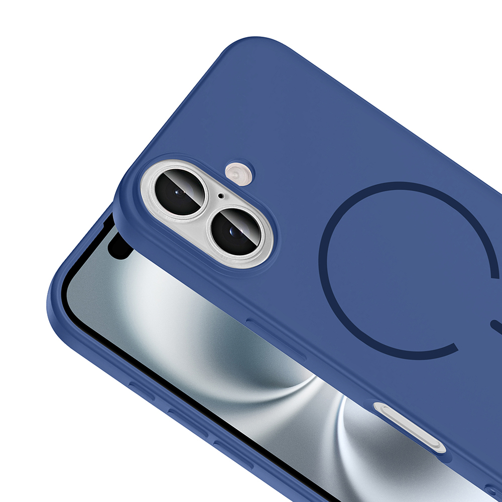 Beyaz arka plan üzerinde kamera kesimli ve halka desenli mavi telefon kılıfı.