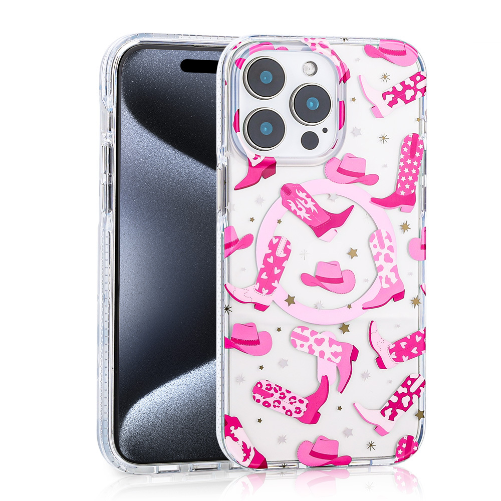Pembe kovboy çizmeleri ve şapkaları desenli şeffaf telefon kılıfı.