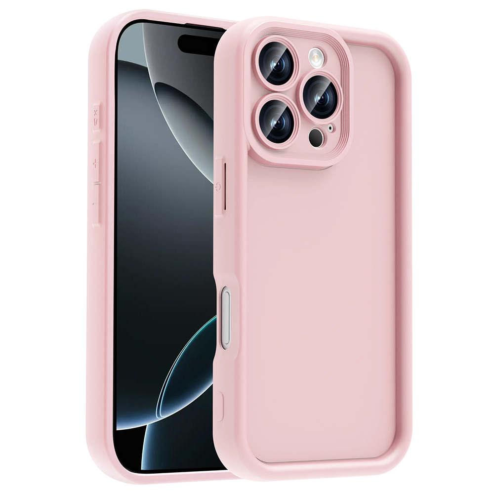 Üç kamera lensli pembe iPhone kılıfı, beyaz arka plan üzerinde.