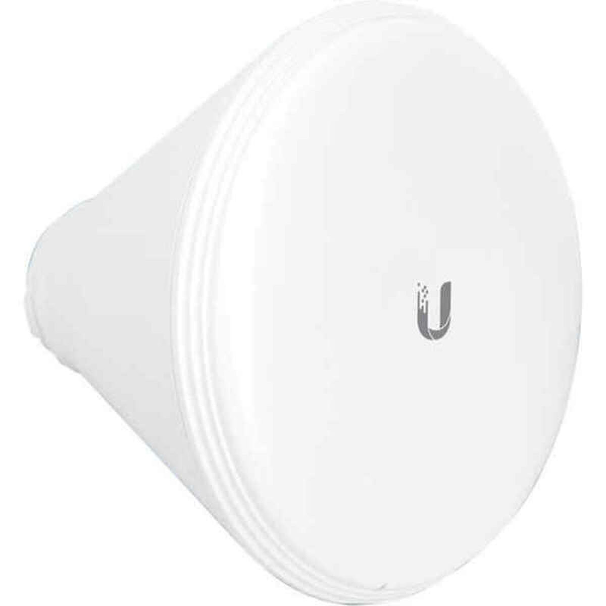 Un dispositivo bianco Ubiquiti a forma di imbuto con logo a U.
