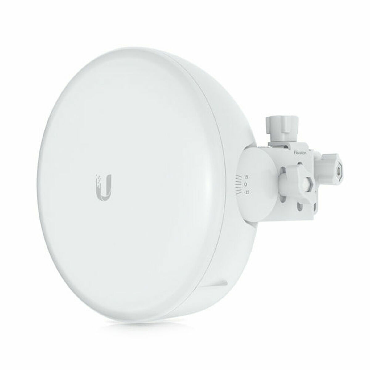 Un'antenna parabolica bianca con segni di regolazione e ferramenta.