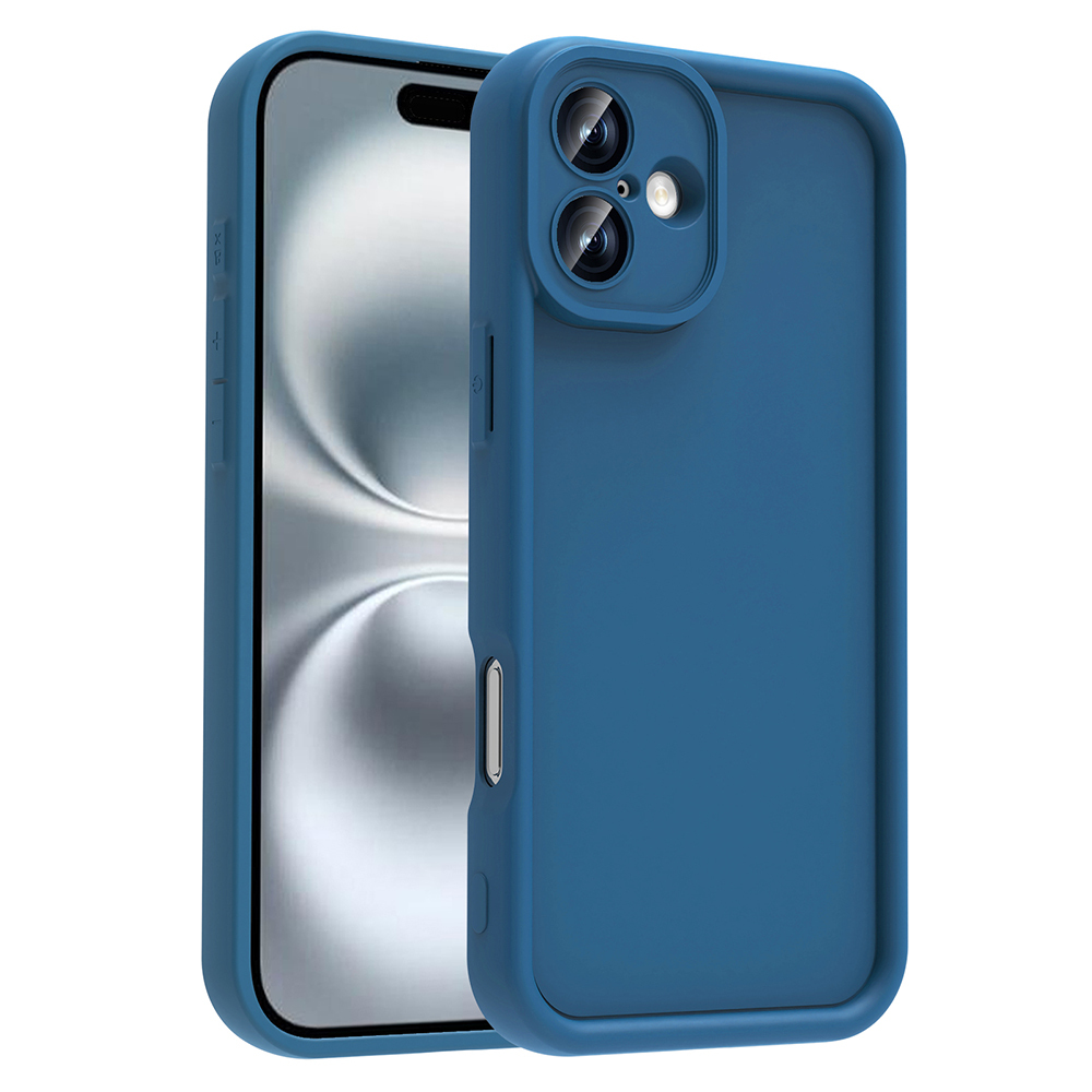 Kamera ve ekranı gösteren bir iPhone parçasıyla mavi telefon kılıfı.
