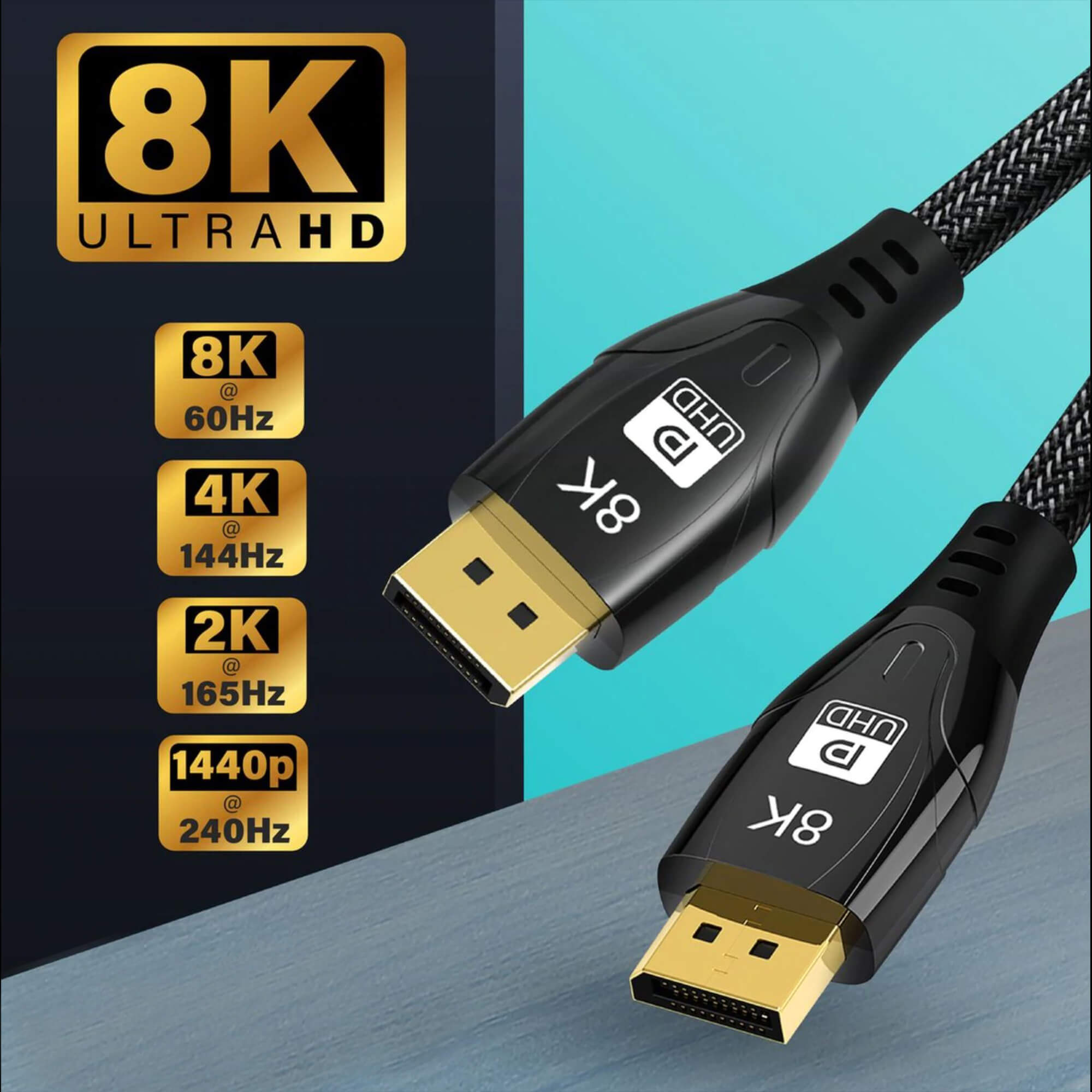Dwa czarne kable DisplayPort z oznaczeniami 8K UHD na niebieskim tle.
