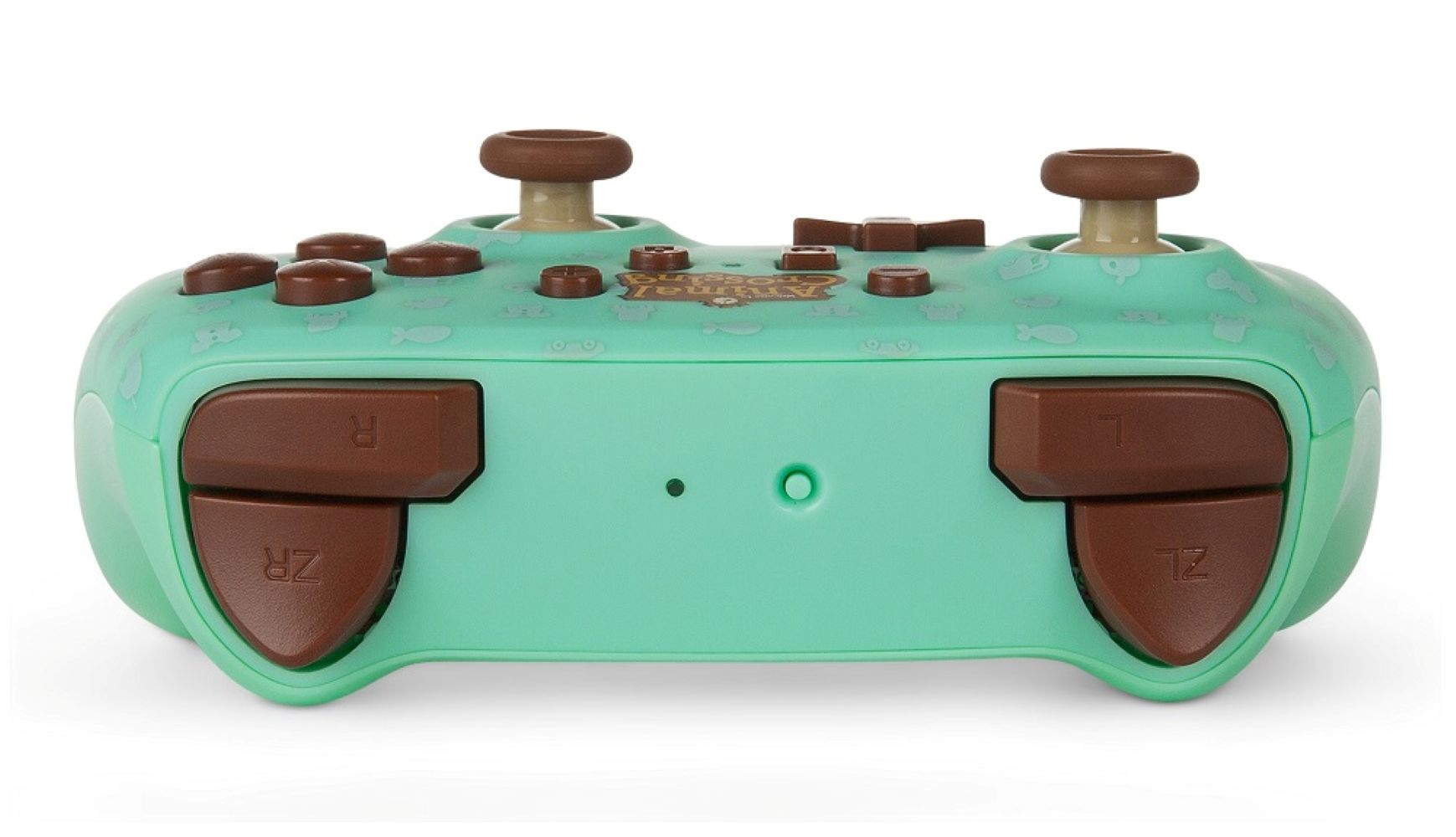 Ein teal Animal Crossing Nintendo Switch Controller mit braunen Knöpfen und Joysticks.