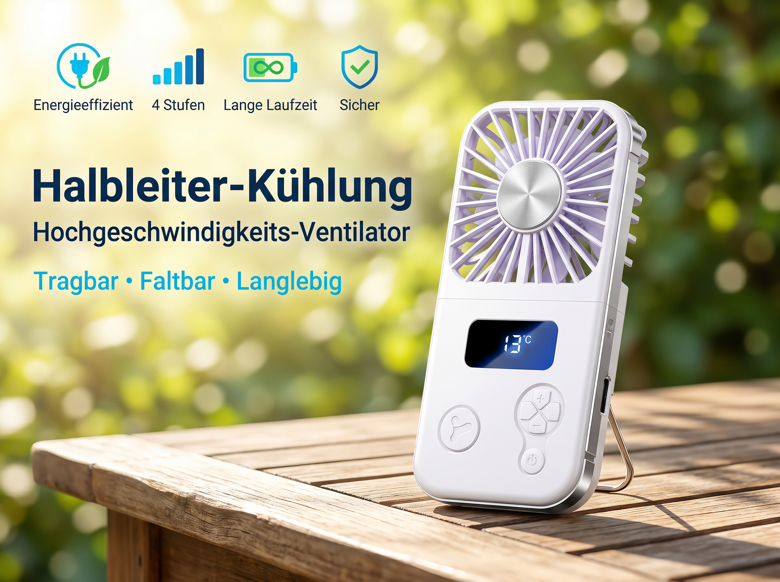 Ein weißer tragbarer Ventilator mit violetten Lüfterblättern auf einem Holztisch.