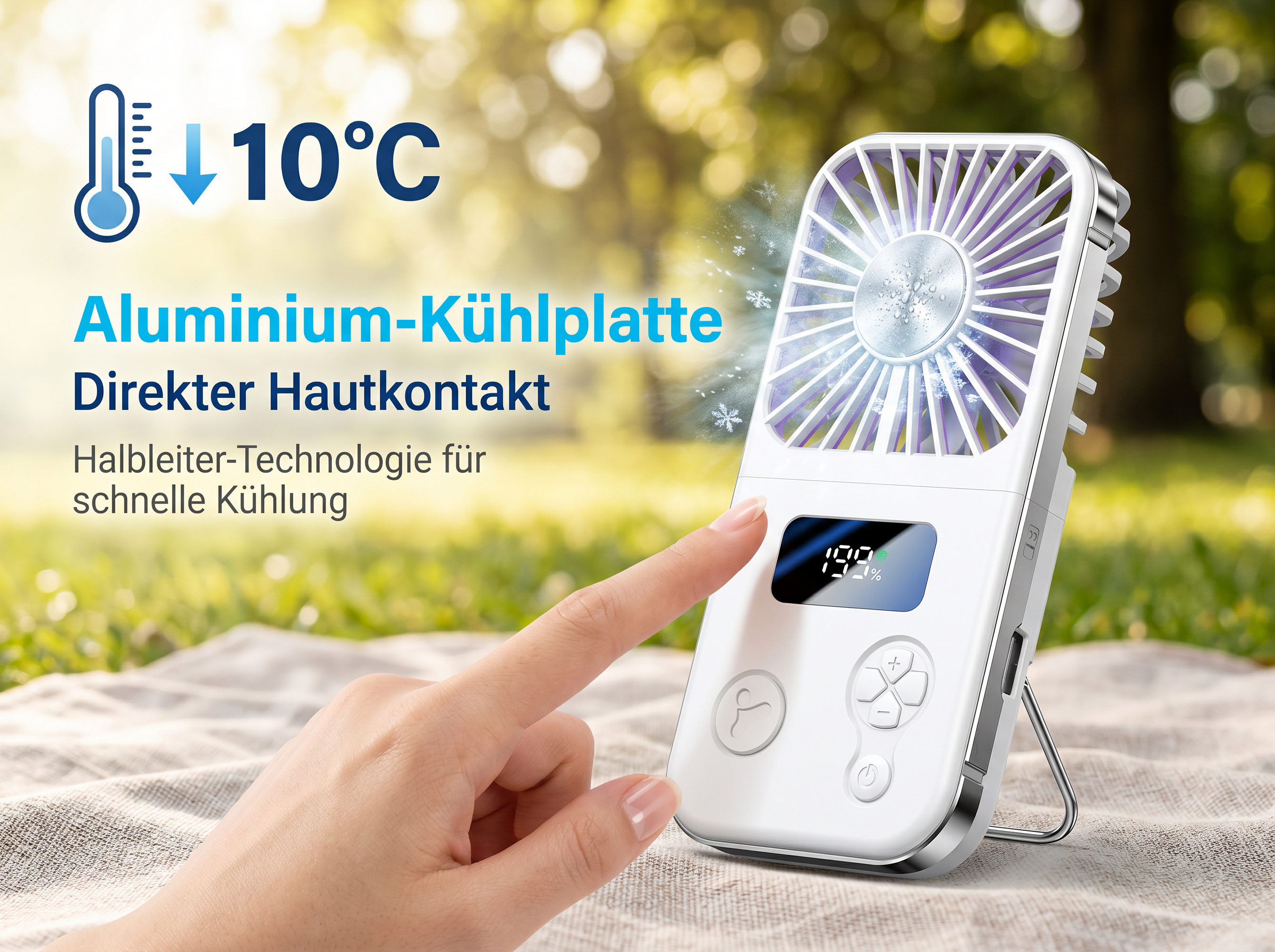 Ein weißer Lüfter mit Kühlplatte auf einer Decke im Freien. Ein Finger berührt das Display.