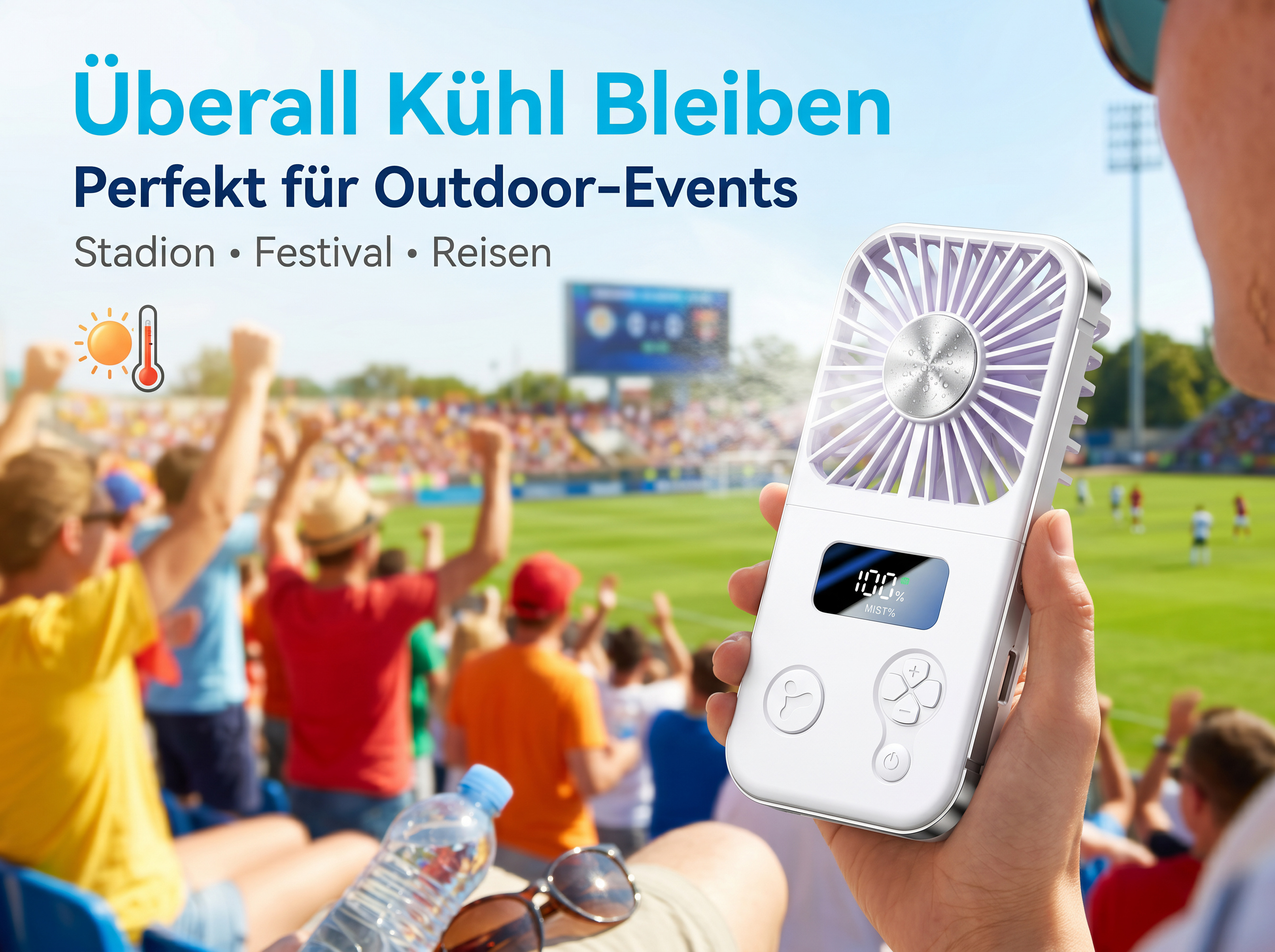 Ein tragbarer Ventilator wird in der Hand gehalten, mit einer Stadionkulisse im Hintergrund.