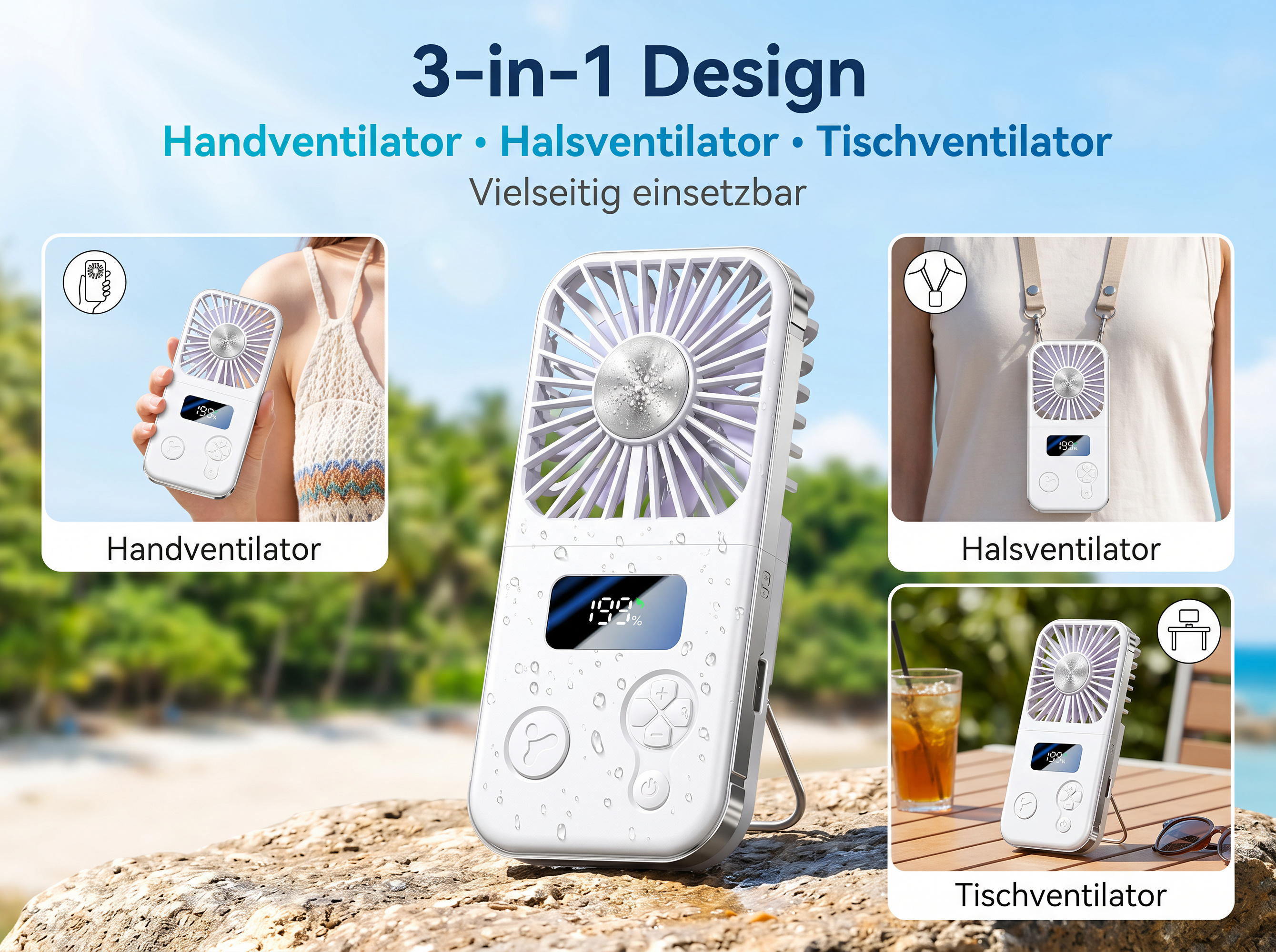 Ein weißer 3-in-1-Ventilator wird gezeigt, als Hand-, Hals- und Tischventilator.