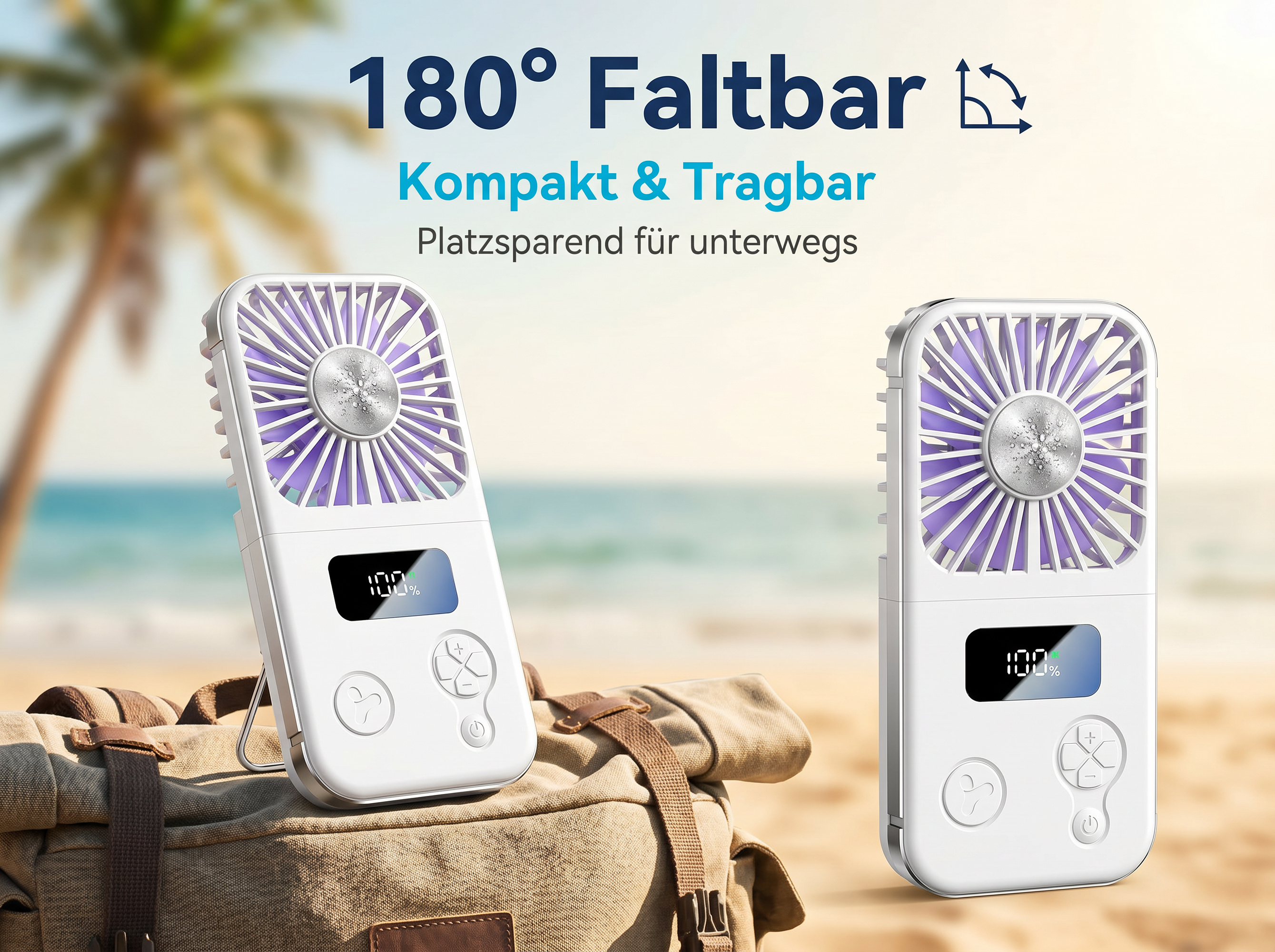 Ein weißer Ventilator mit lila Rotorblättern auf einer Tasche am Strand.