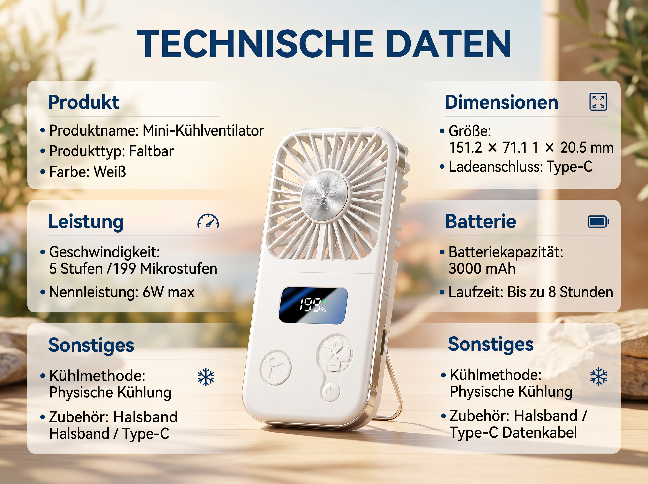 Ein weißer Mini-Kühlventilator mit digitalen Anzeigen und Bedienelementen.