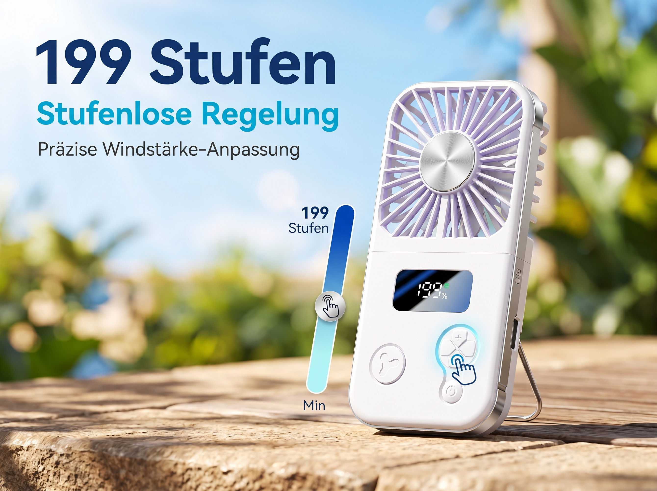 Ein weißer Ventilator mit lila Rotorblättern steht draußen auf Holz.