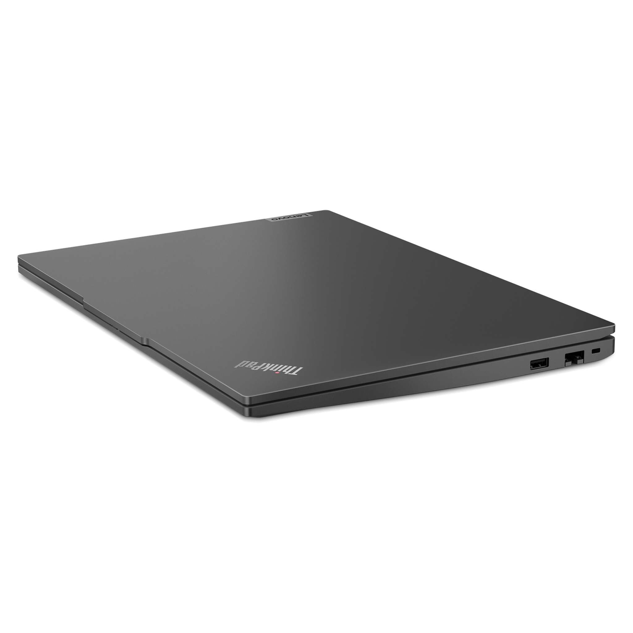 Kapalı koyu gri Lenovo ThinkPad dizüstü bilgisayar beyaz zeminde.