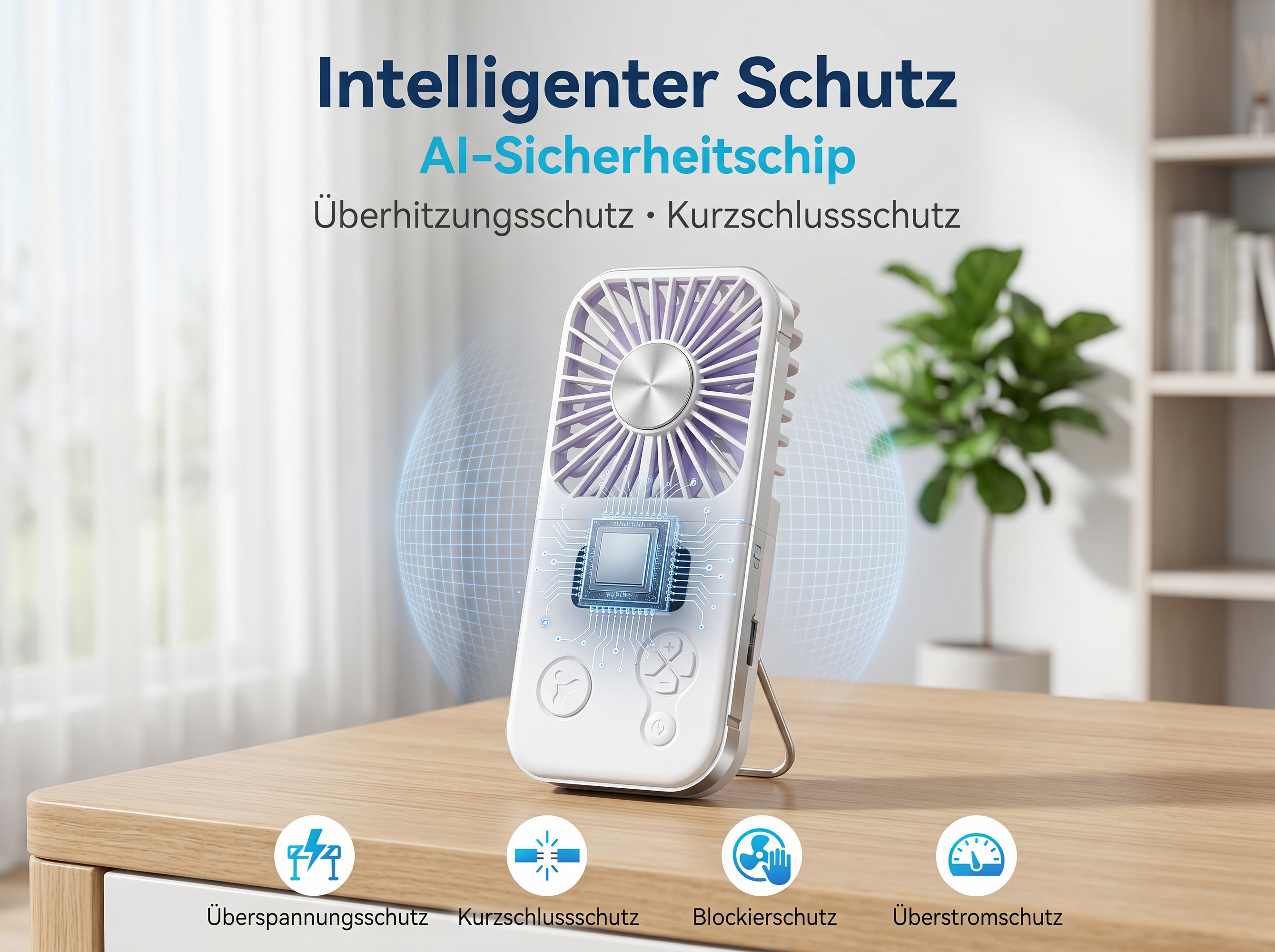 Ein weißer Handventilator mit KI-Chip, auf einem Holztisch, mit Schutzsymbolen.