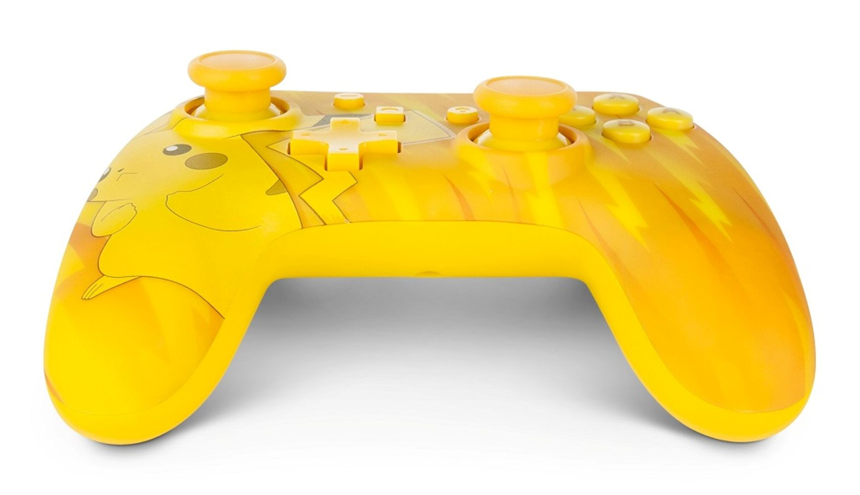 Żółty kontroler w stylu Pikachu z przyciskami i joystickami.