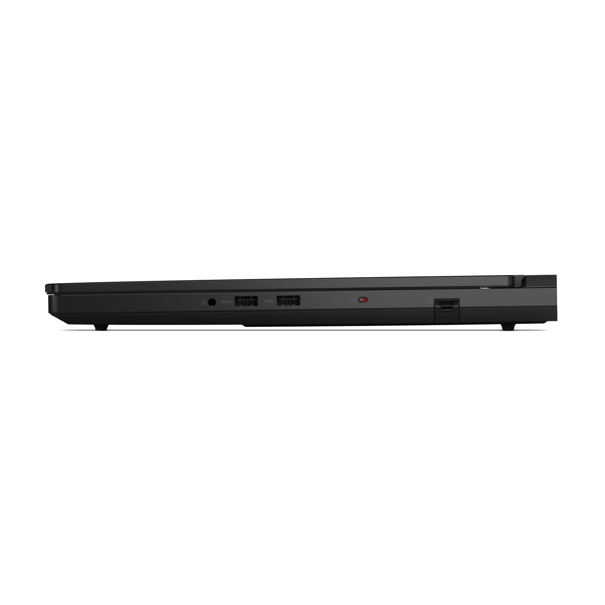 Lato del laptop nero con porte: cuffie, USB-A, USB-A, lettore di schede.